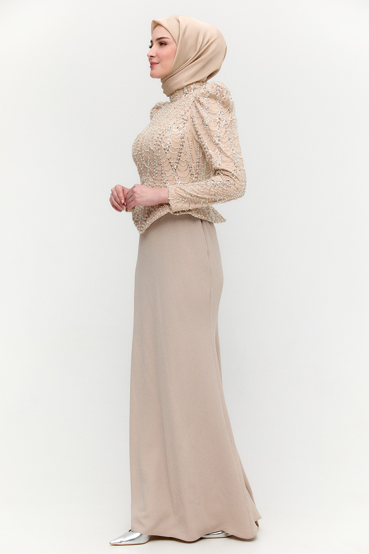 Payetli Çift Kumaş Abiye Elbise, Tesettür Giyim