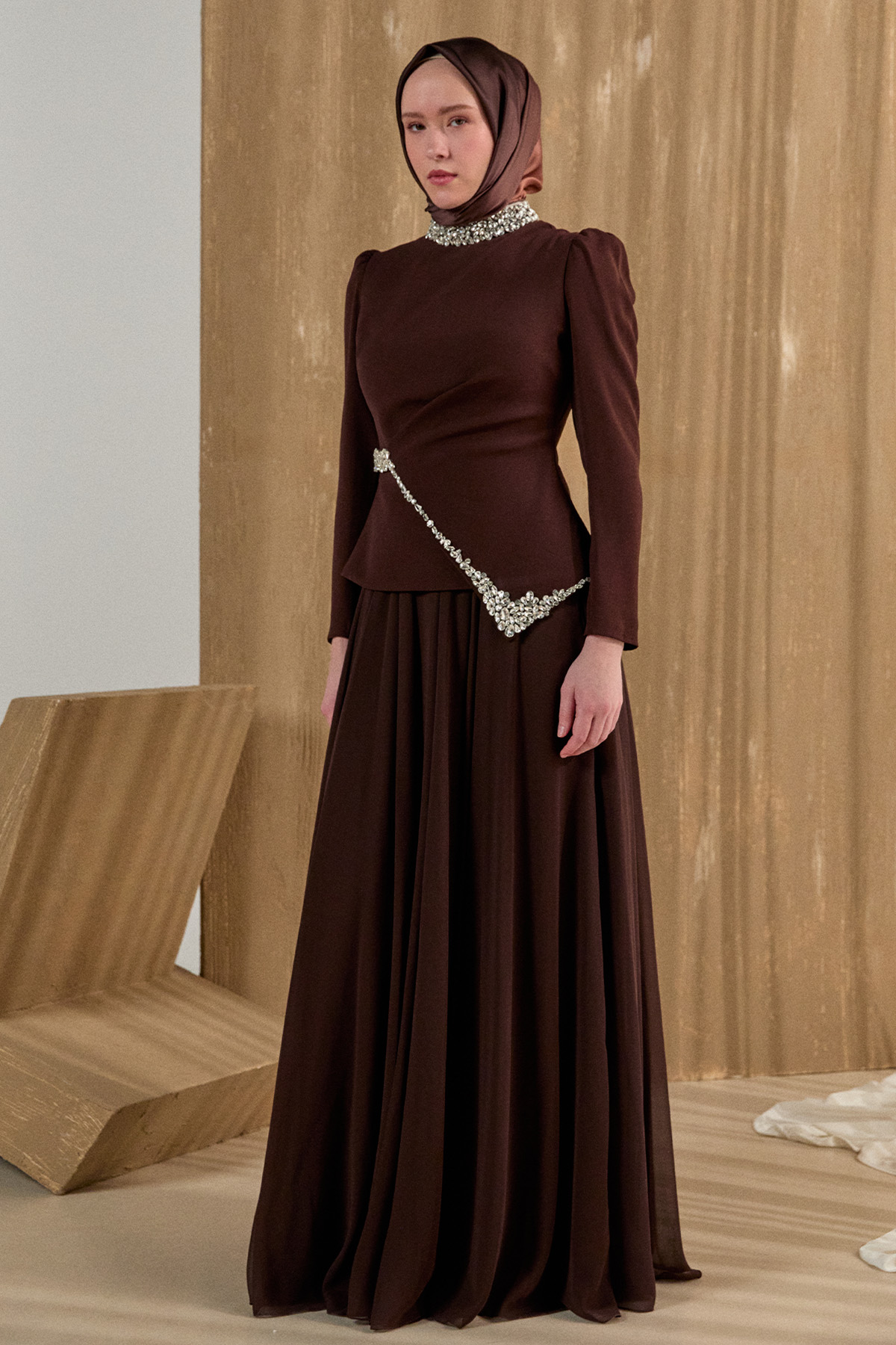 Taşlı Şifon Kombinli Abiye Elbise, Tesettür Giyim