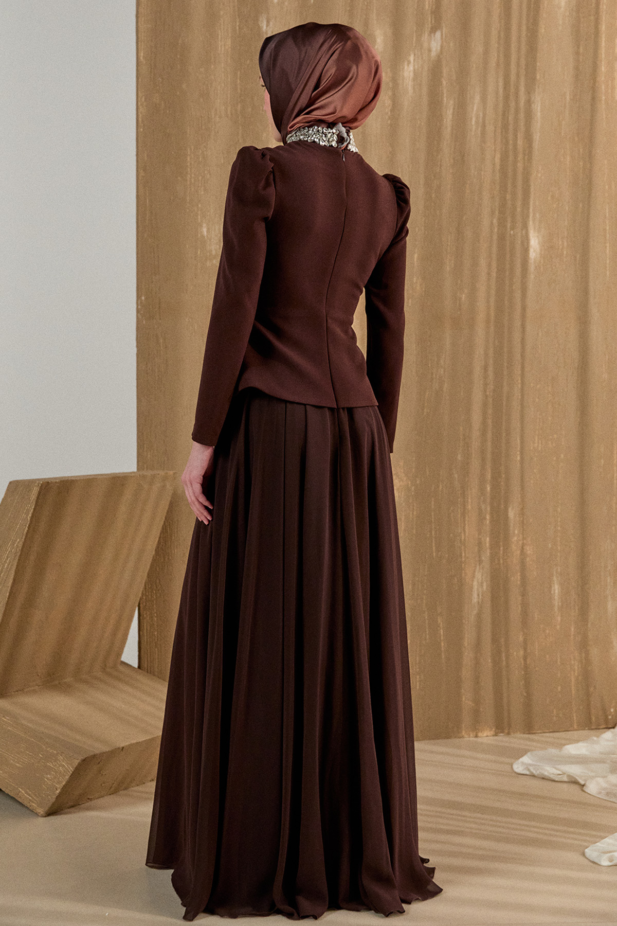 Taşlı Şifon Kombinli Abiye Elbise, Tesettür Giyim