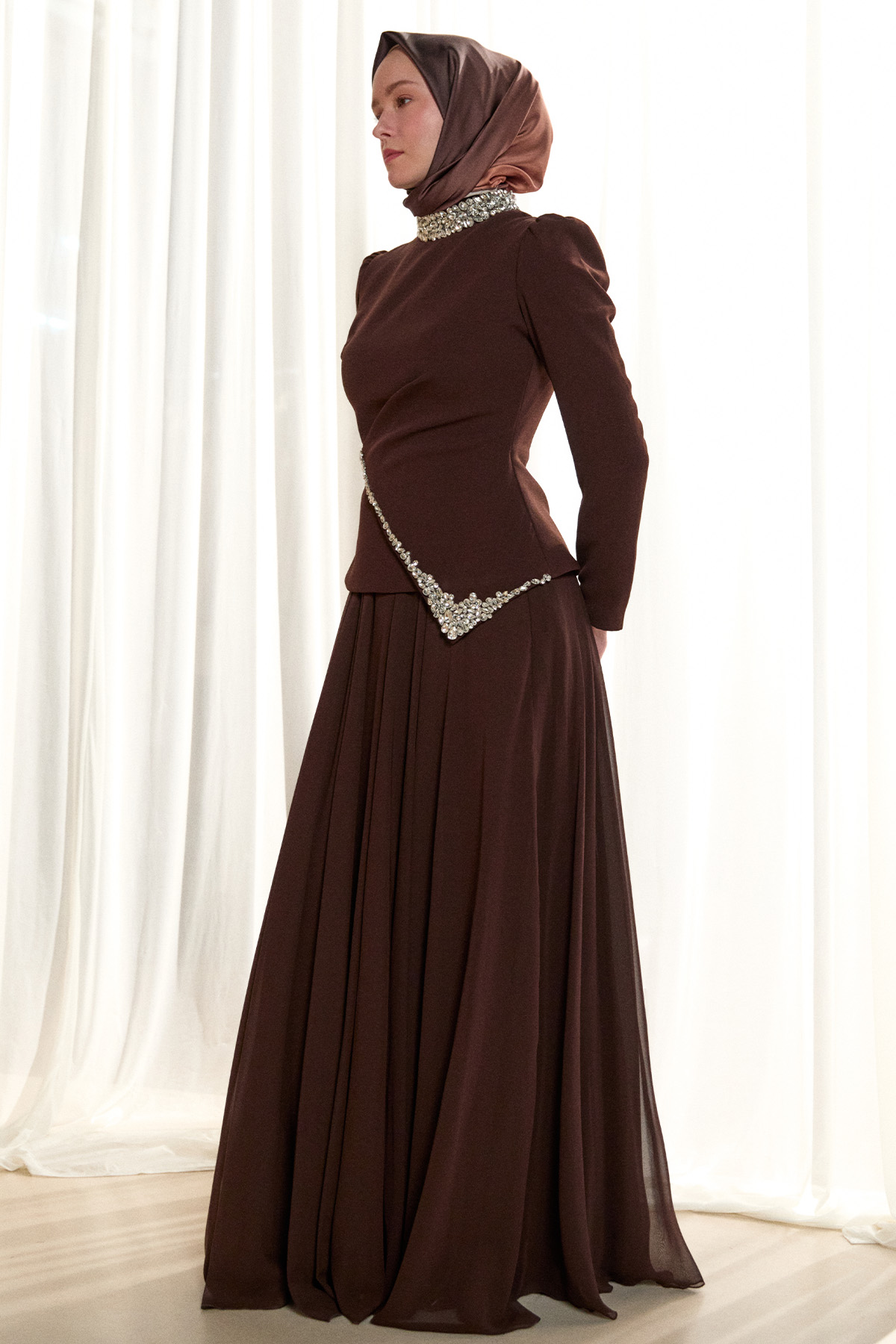 Taşlı Şifon Kombinli Abiye Elbise, Tesettür Giyim