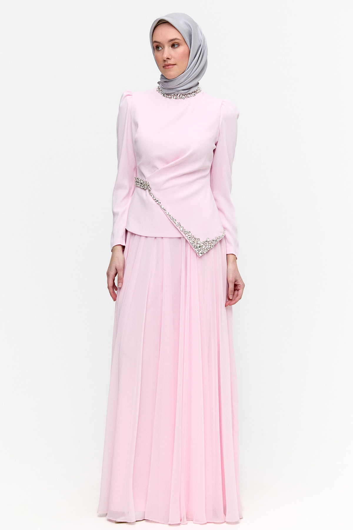 Taşlı Şifon Kombinli Abiye Elbise, Tesettür Giyim