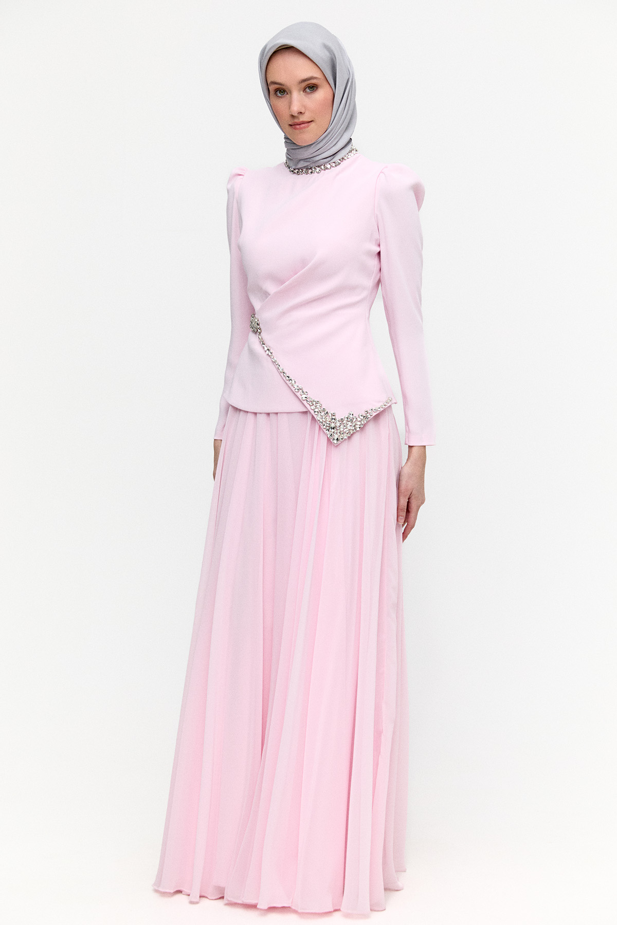 Taşlı Şifon Kombinli Abiye Elbise, Tesettür Giyim