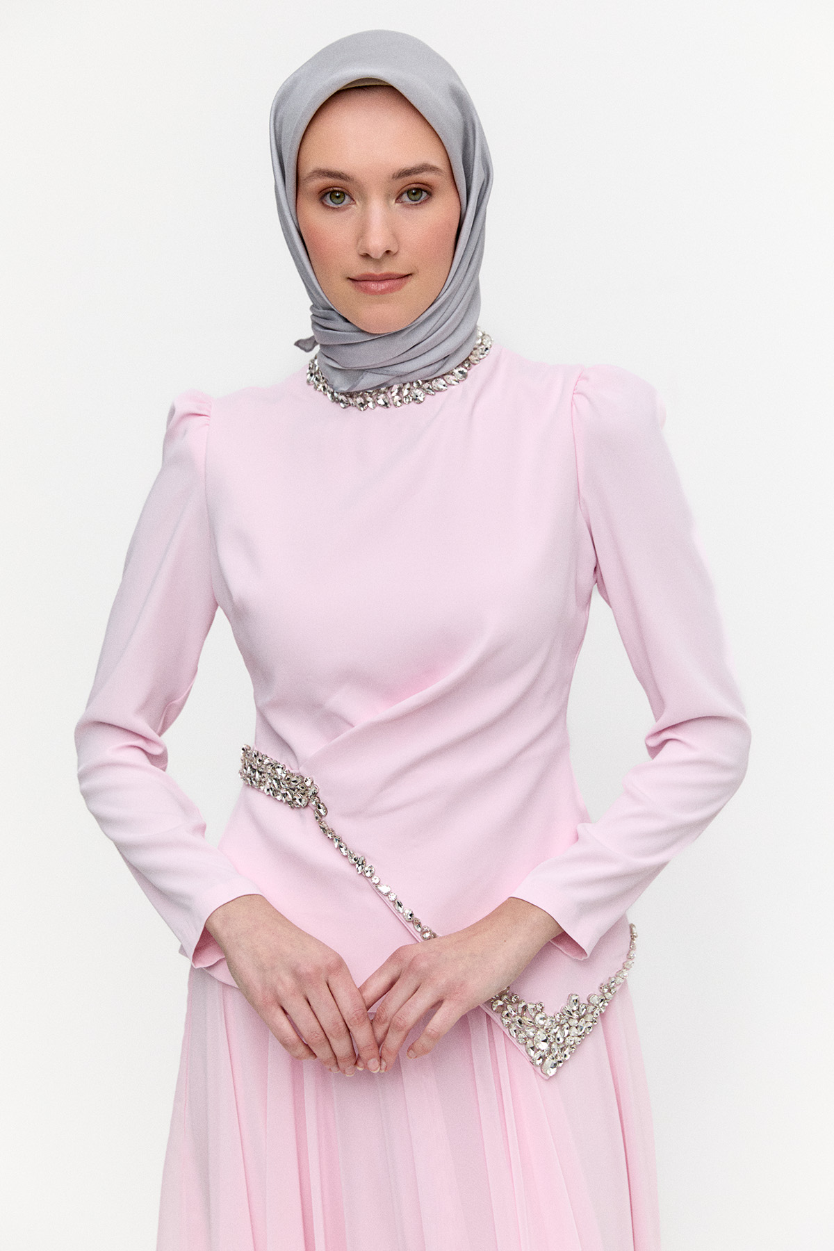 Taşlı Şifon Kombinli Abiye Elbise, Tesettür Giyim