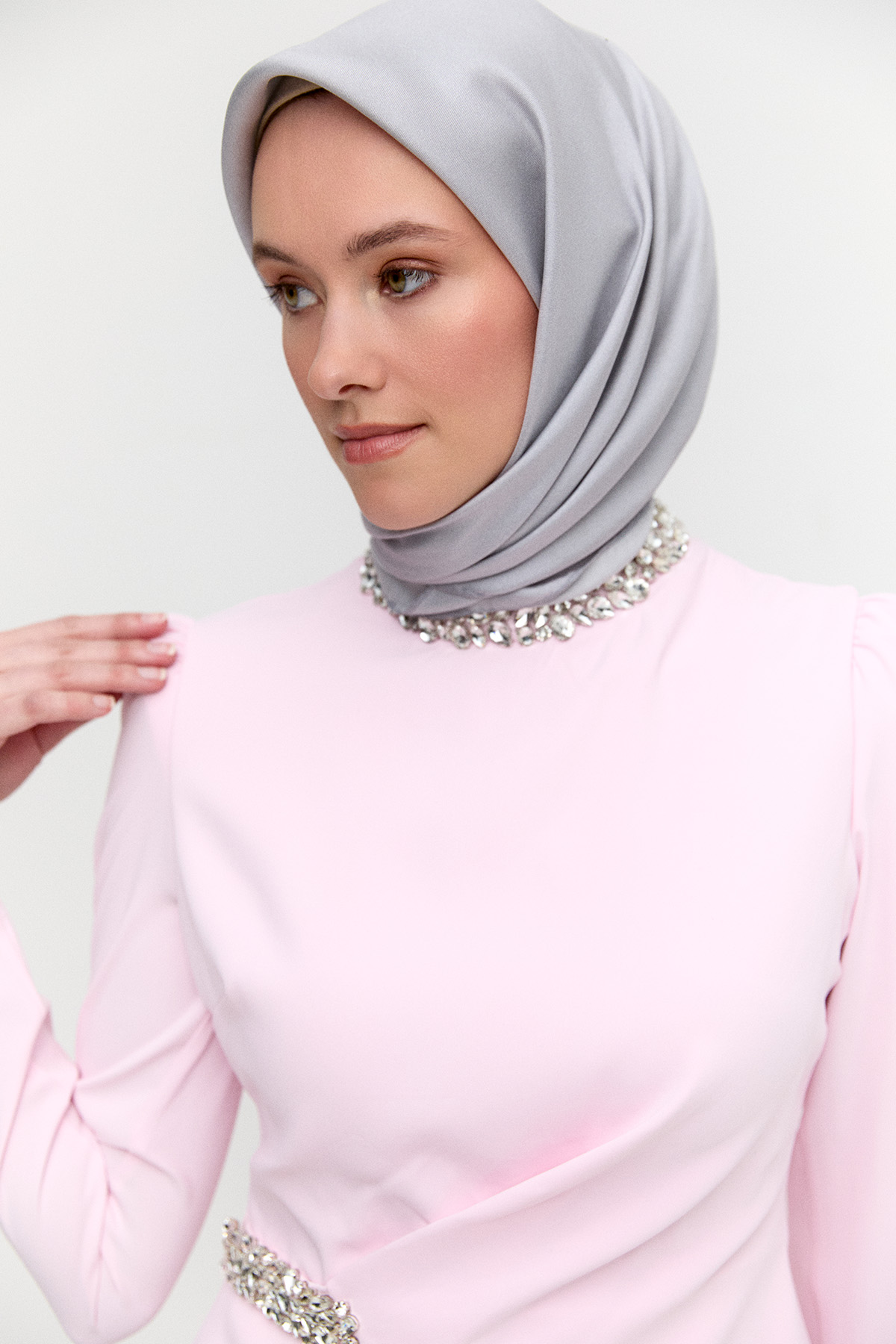 Taşlı Şifon Kombinli Abiye Elbise, Tesettür Giyim