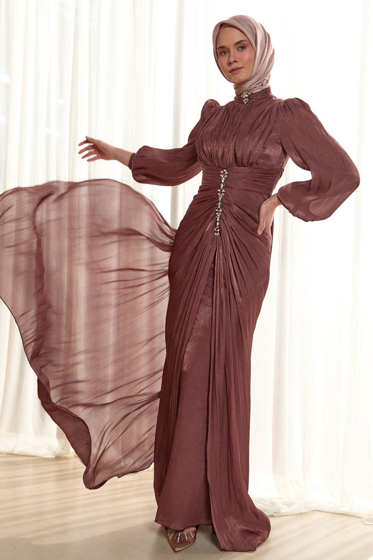 Taş Detaylı Şifon Abiye Elbise, Tesettür Giyim