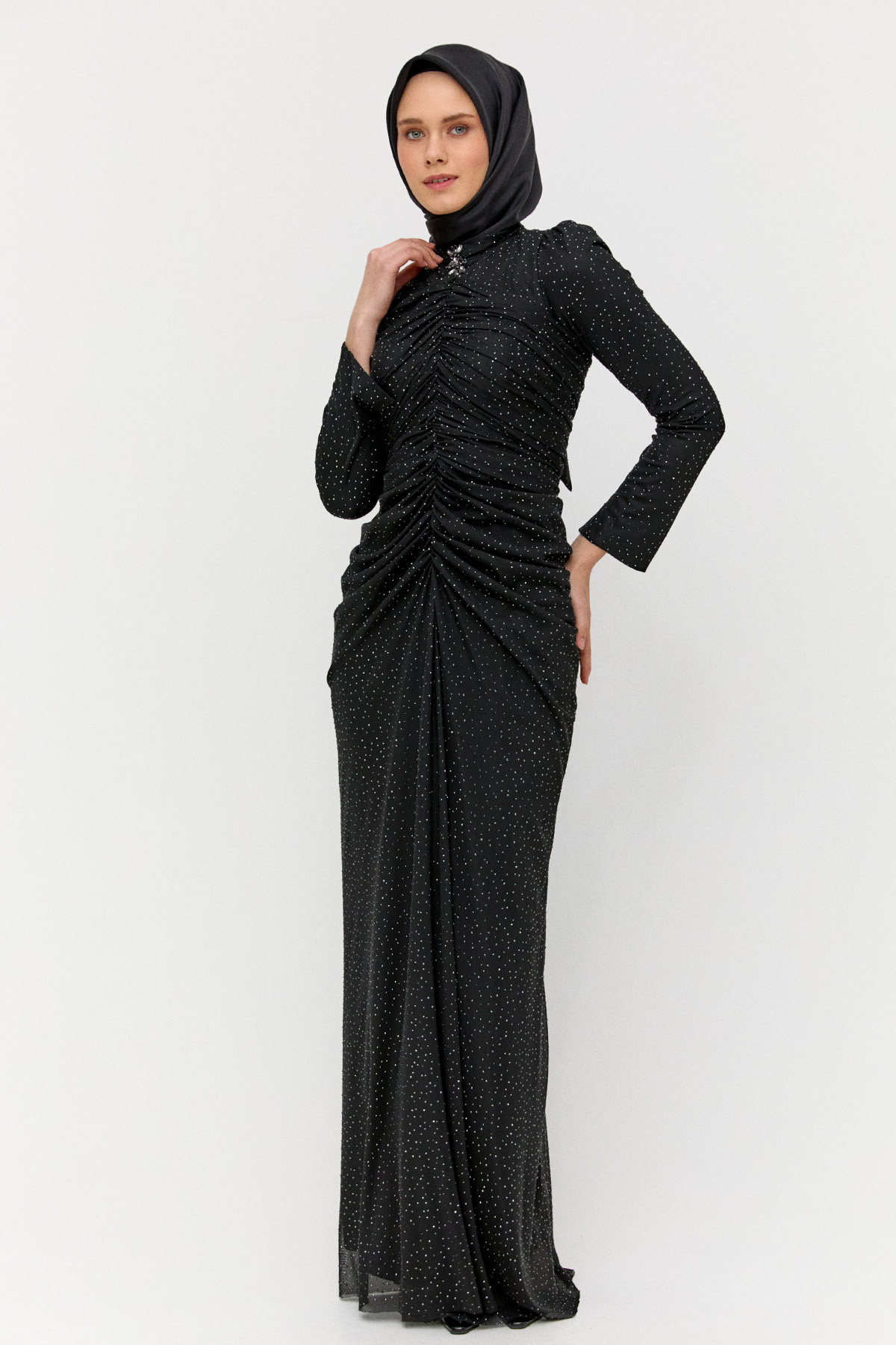 Yüksek Yakalı Taşlı Abiye Elbise, Tesettür Giyim