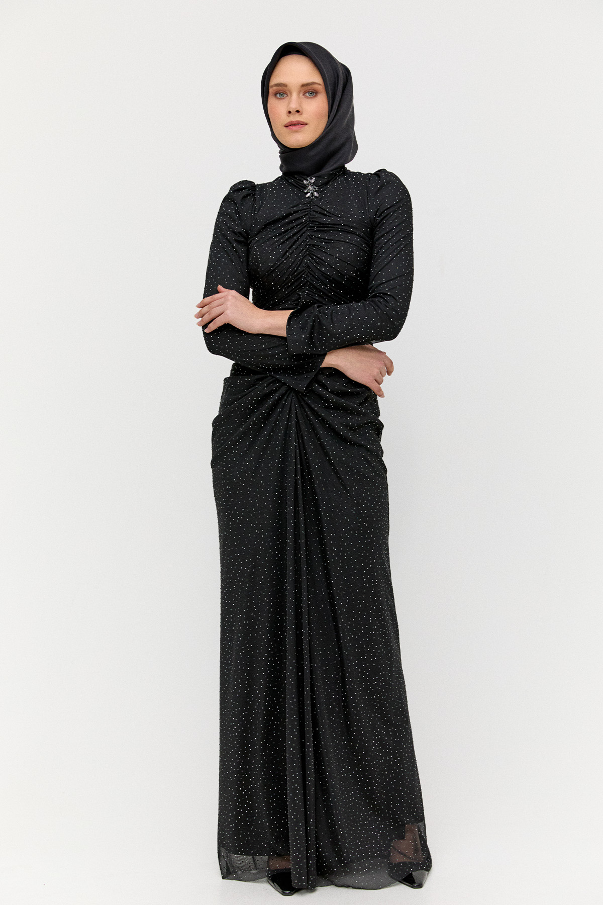 Yüksek Yakalı Taşlı Abiye Elbise, Tesettür Giyim