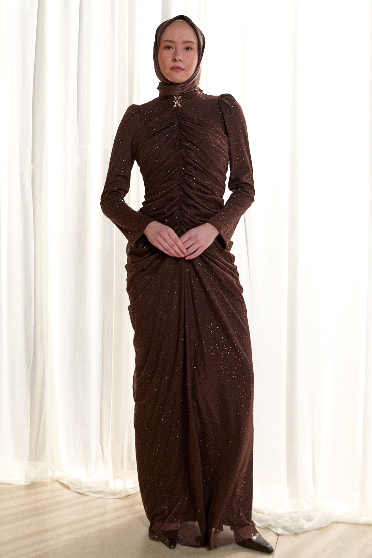 Işıltılı Büzgü Detaylı Abiye Elbise, Tesettür Giyim