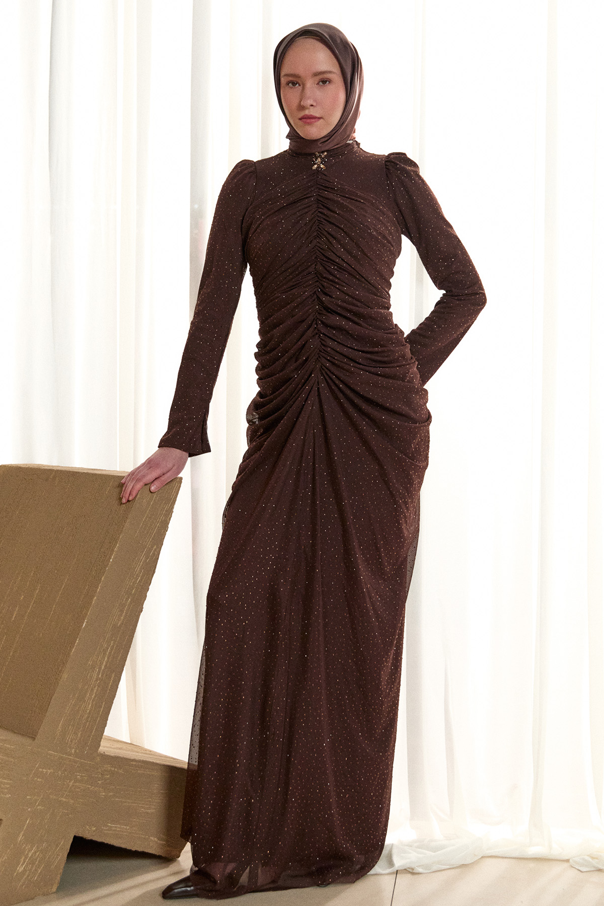 Işıltılı Büzgü Detaylı Abiye Elbise, Tesettür Giyim