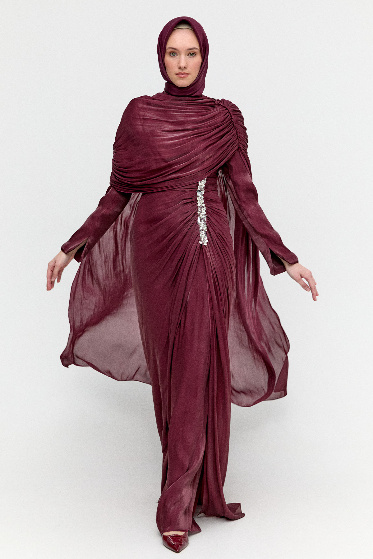 Pelerinli Jakarlı Abiye Elbise, Tesettür Giyim