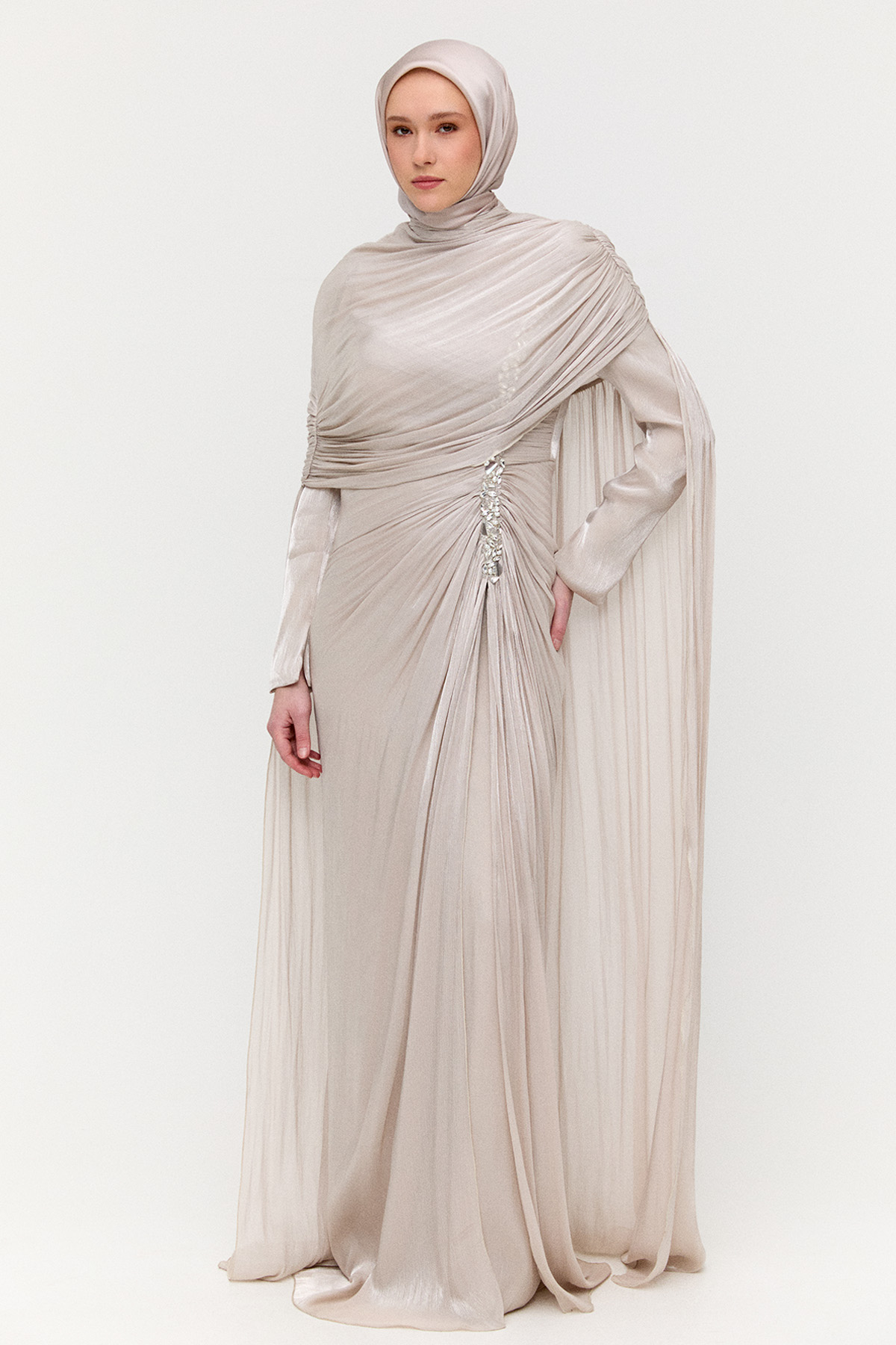 Pelerinli Jakarlı Abiye Elbise, Tesettür Giyim