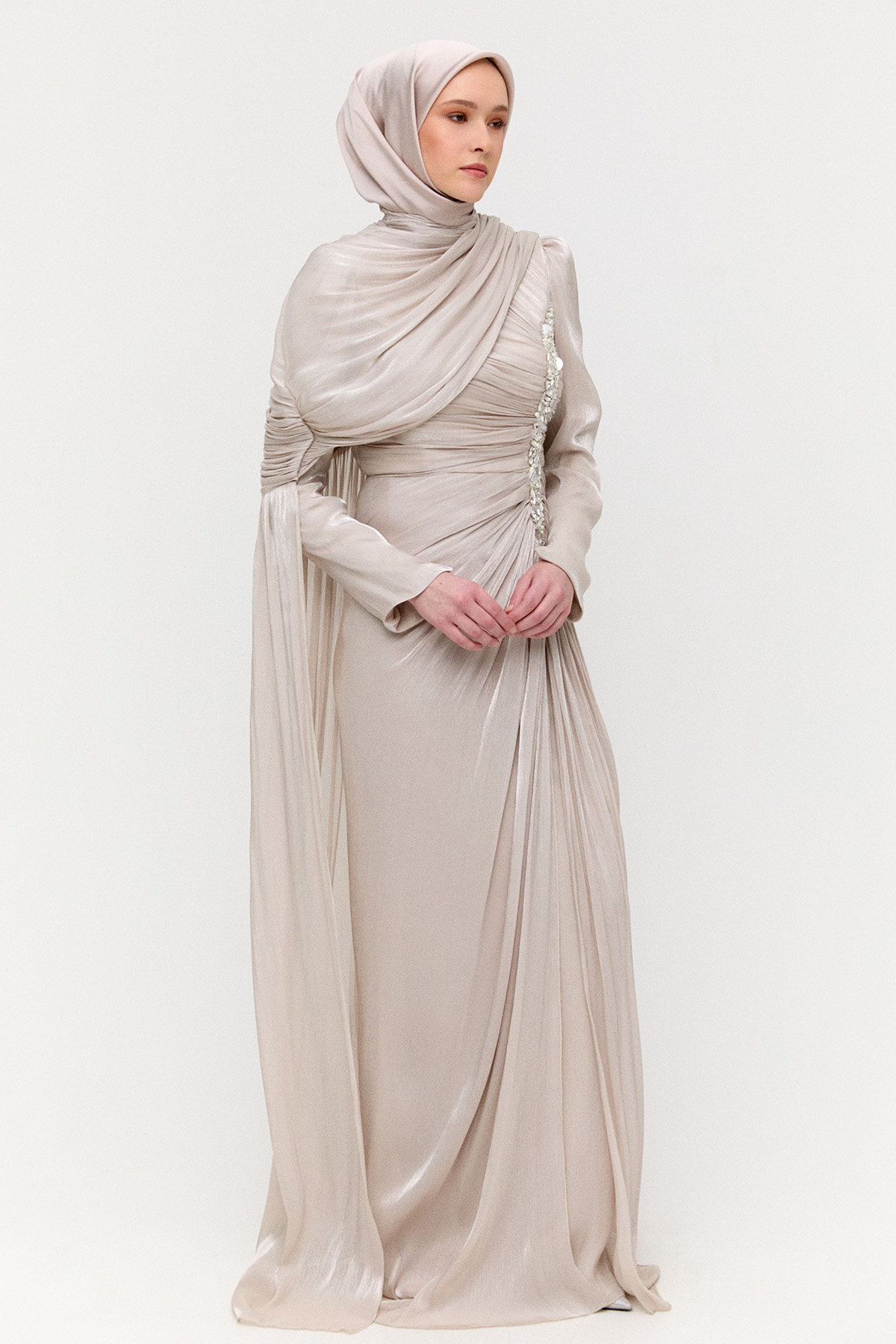 Pelerinli Jakarlı Abiye Elbise, Tesettür Giyim