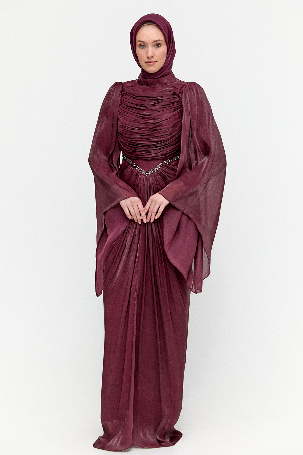 Büzgülü Jakarlı Abiye Elbise, Tesettür Giyim