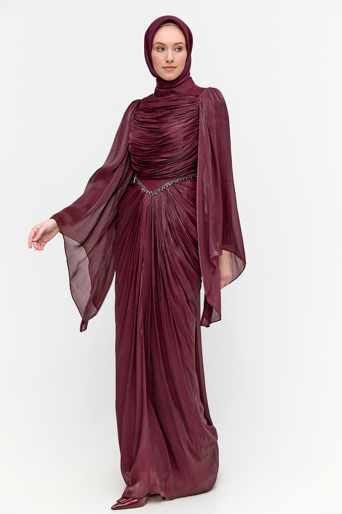 Büzgülü Jakarlı Abiye Elbise, Tesettür Giyim