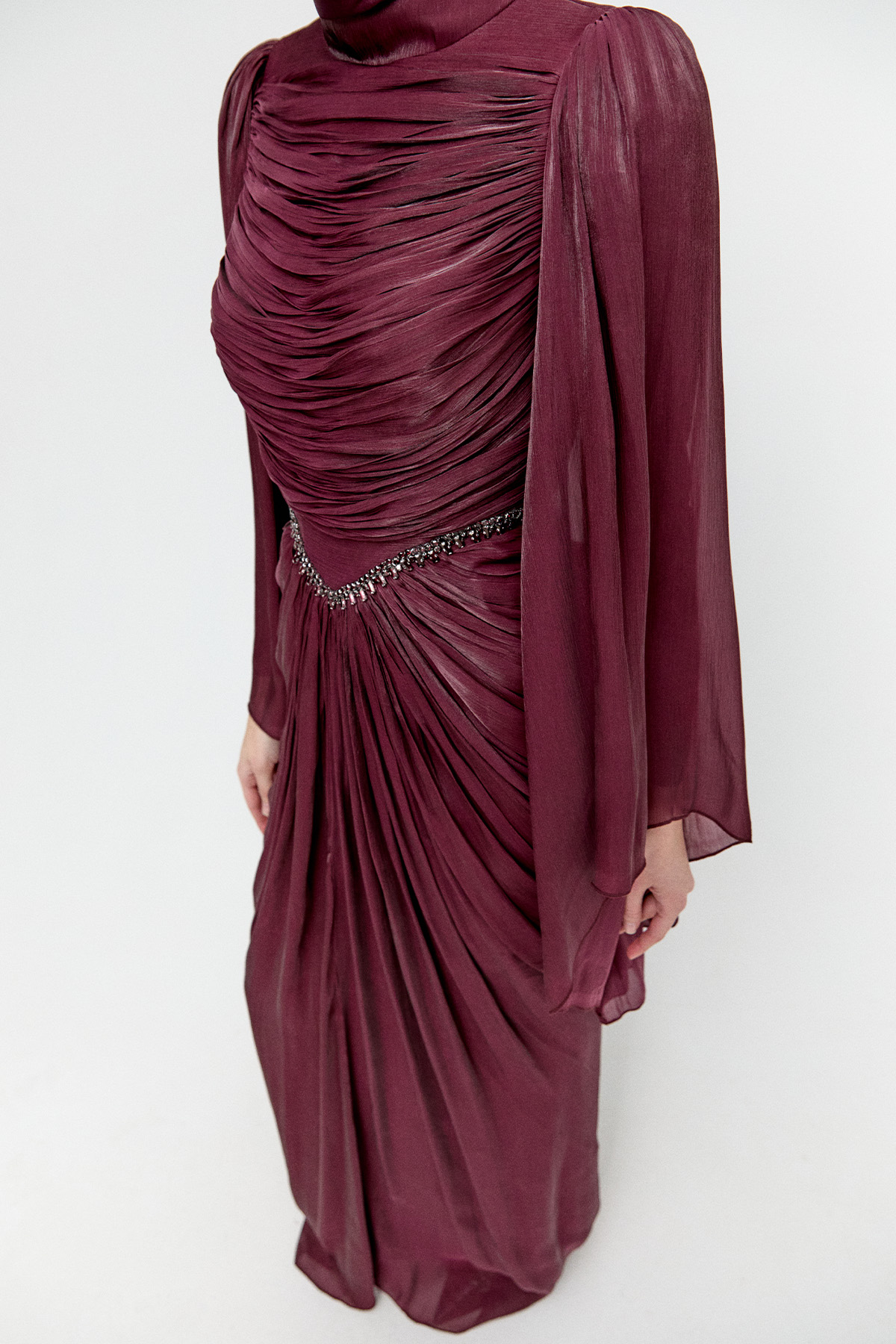 Büzgülü Jakarlı Abiye Elbise, Tesettür Giyim