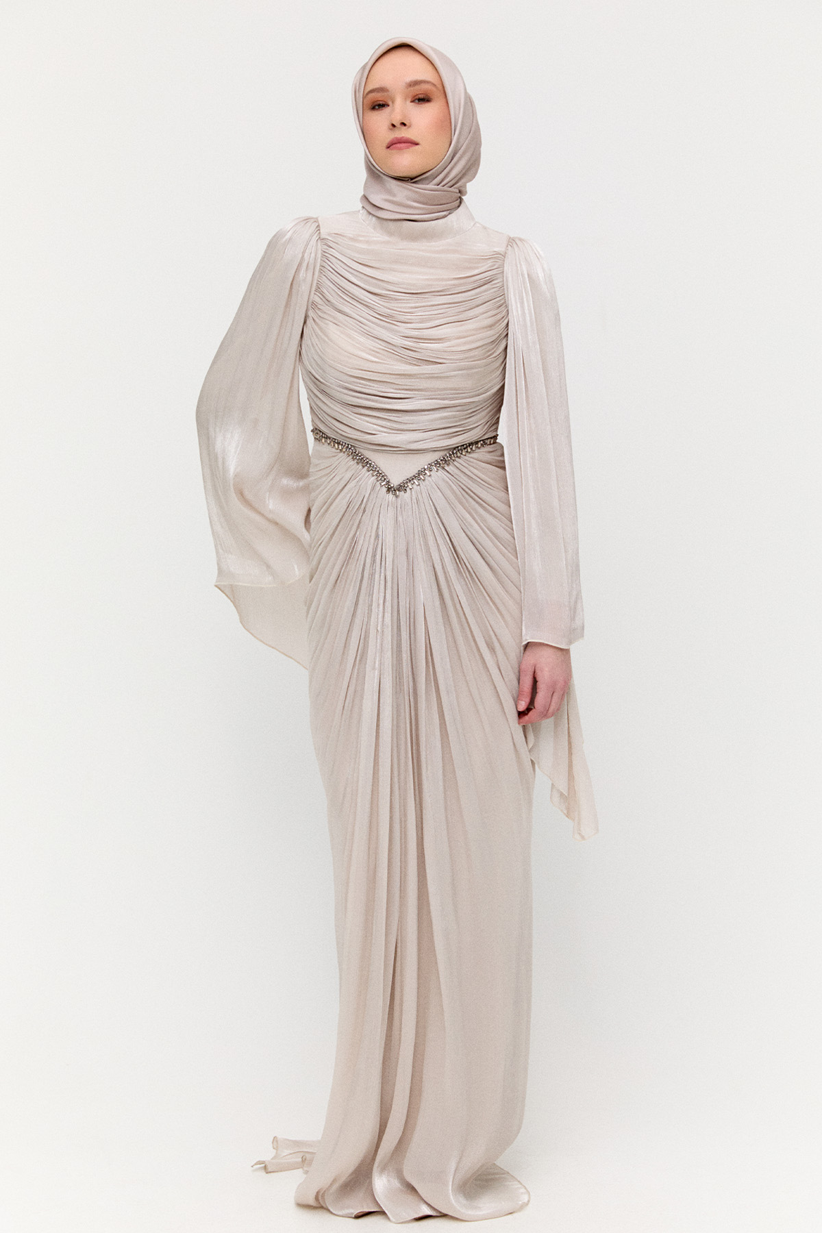 Büzgülü Jakarlı Abiye Elbise, Tesettür Giyim