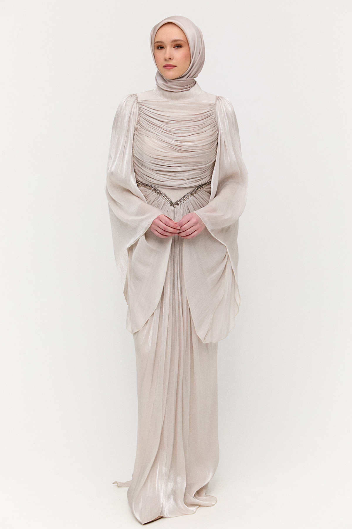 Büzgülü Jakarlı Abiye Elbise, Tesettür Giyim