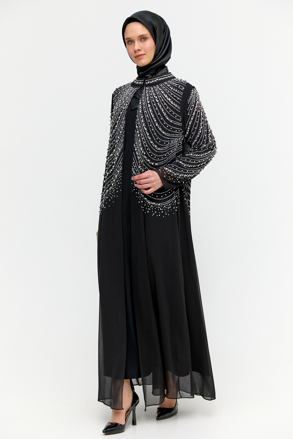 Taş Detaylı Tül Abaya Takım, Tesettür Giyim