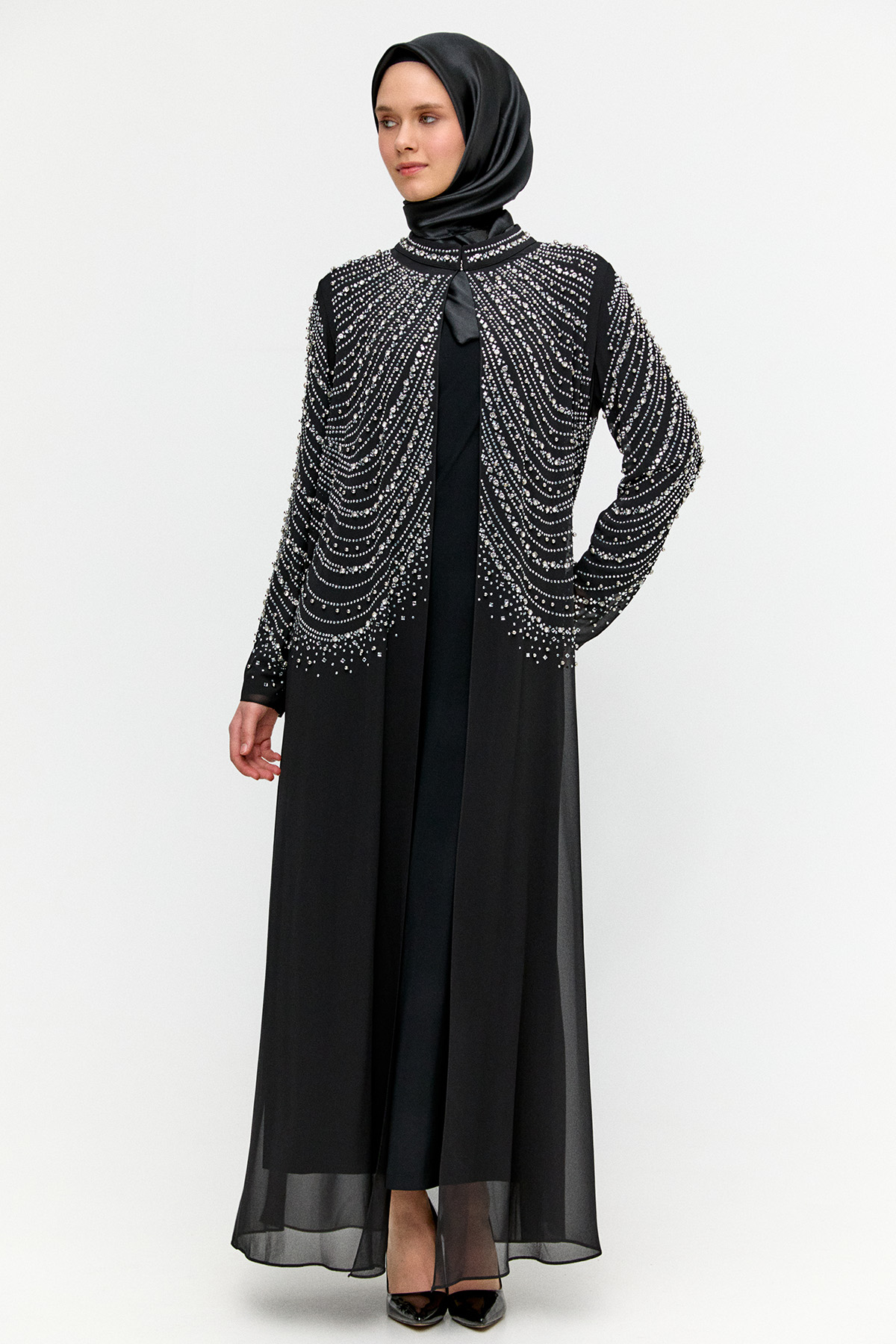Taş Detaylı Tül Abaya Takım, Tesettür Giyim