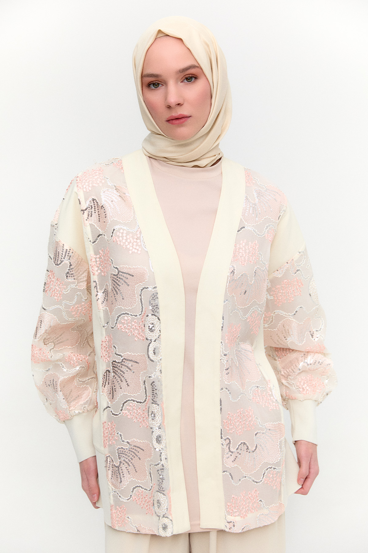 İşlemeli Desenli Kimono Ceket, Tesettür Giyim