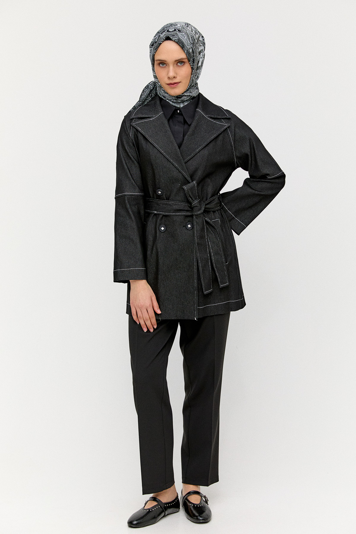 Kuşaklı Kruvaze Pamuklu Kap, Tesettür Giyim
