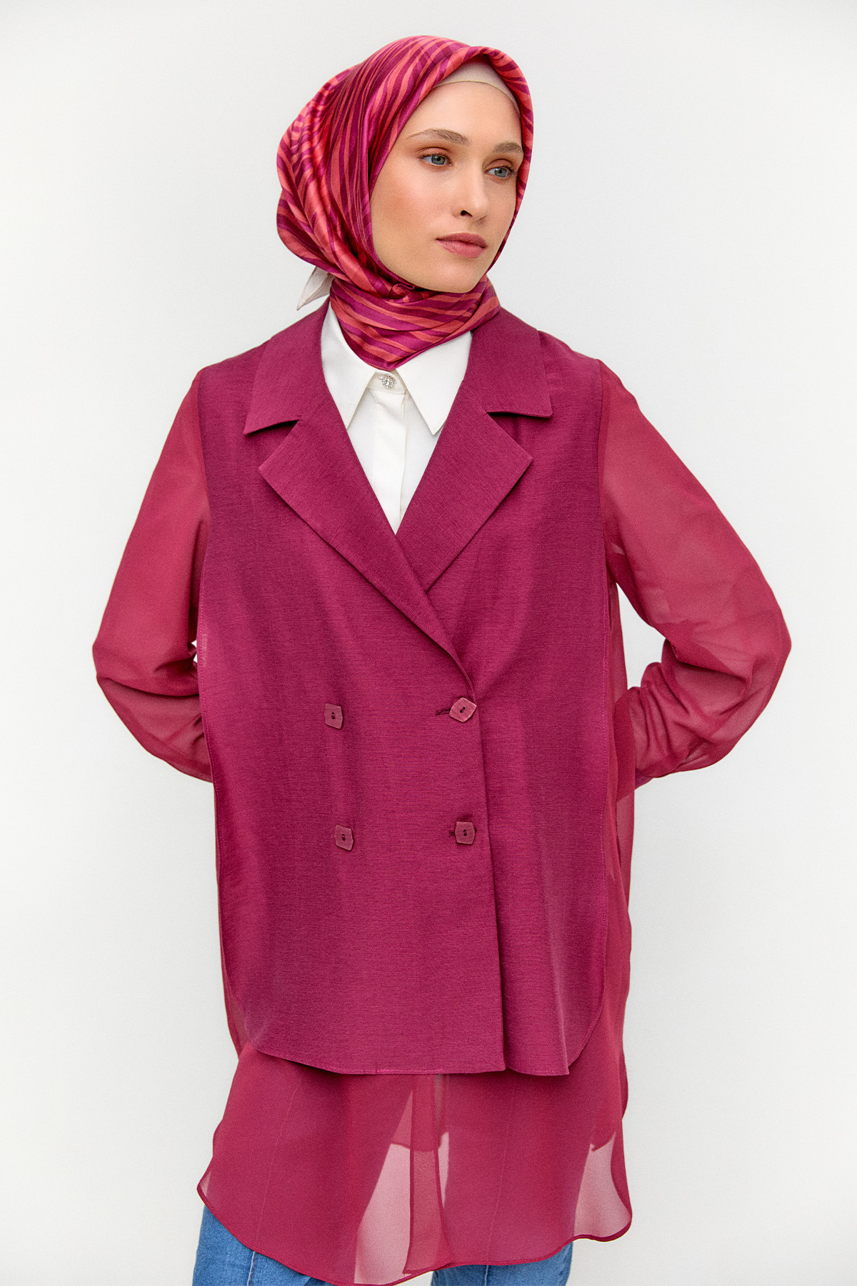 Kruvaze Şifon Detaylı Ceket, Tesettür Giyim