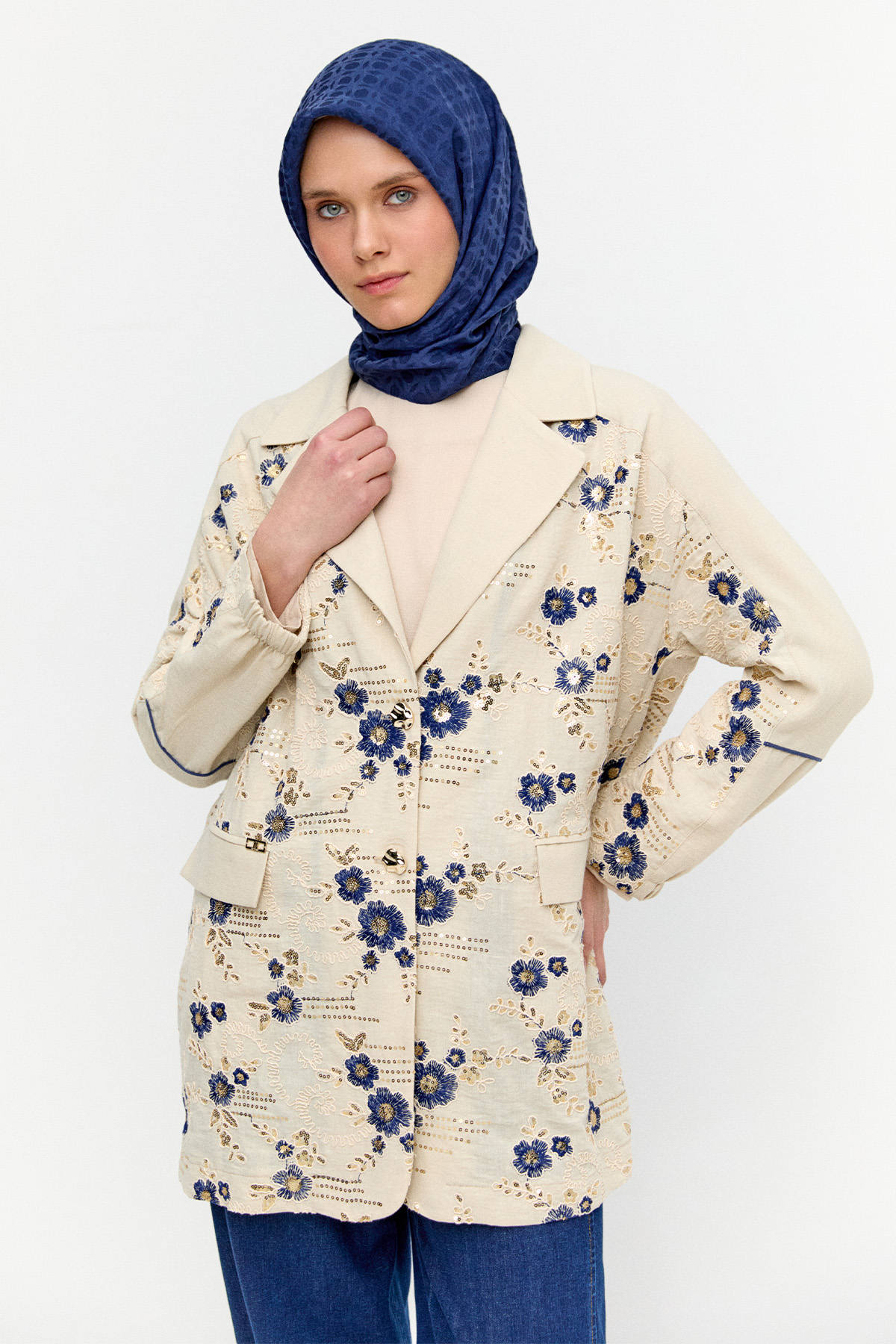 Çiçek Desenli Blazer Ceket, Tesettür Giyim
