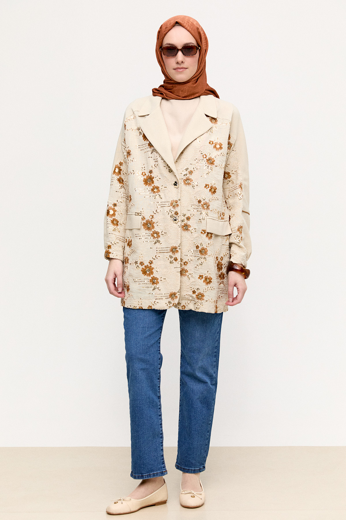 Çiçek Desenli Blazer Ceket, Tesettür Giyim