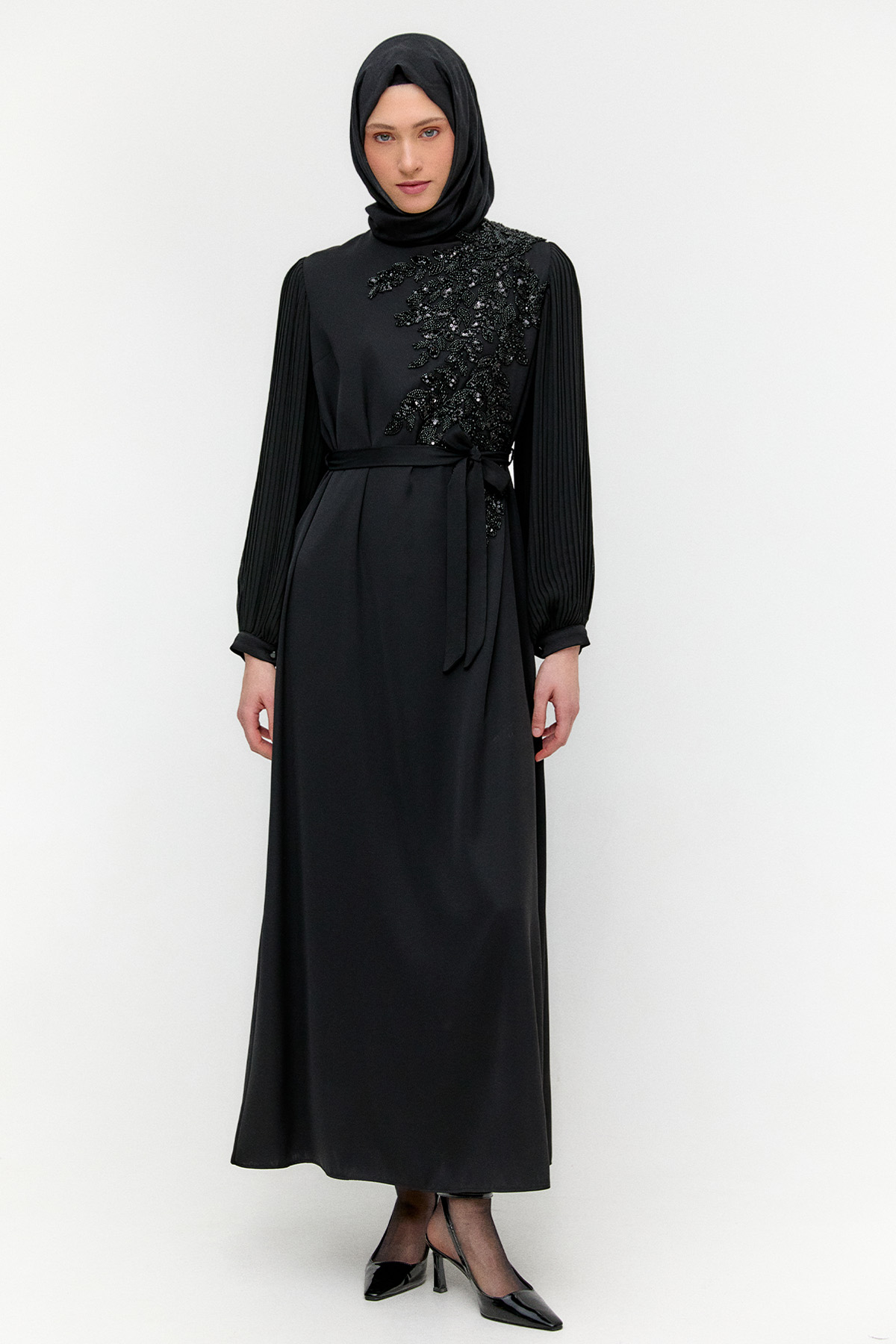 Piliseli Yaprak Motifli Elbise, Tesettür Giyim