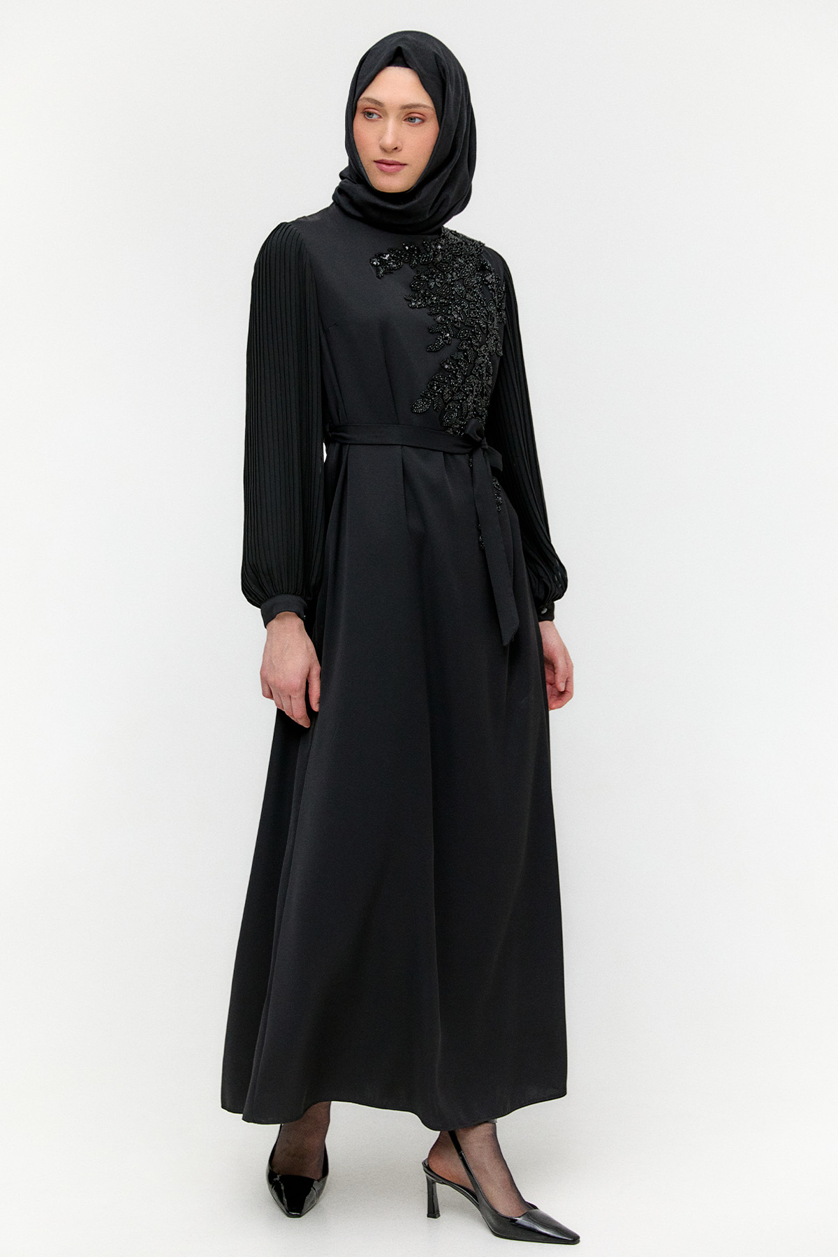 Piliseli Yaprak Motifli Elbise, Tesettür Giyim