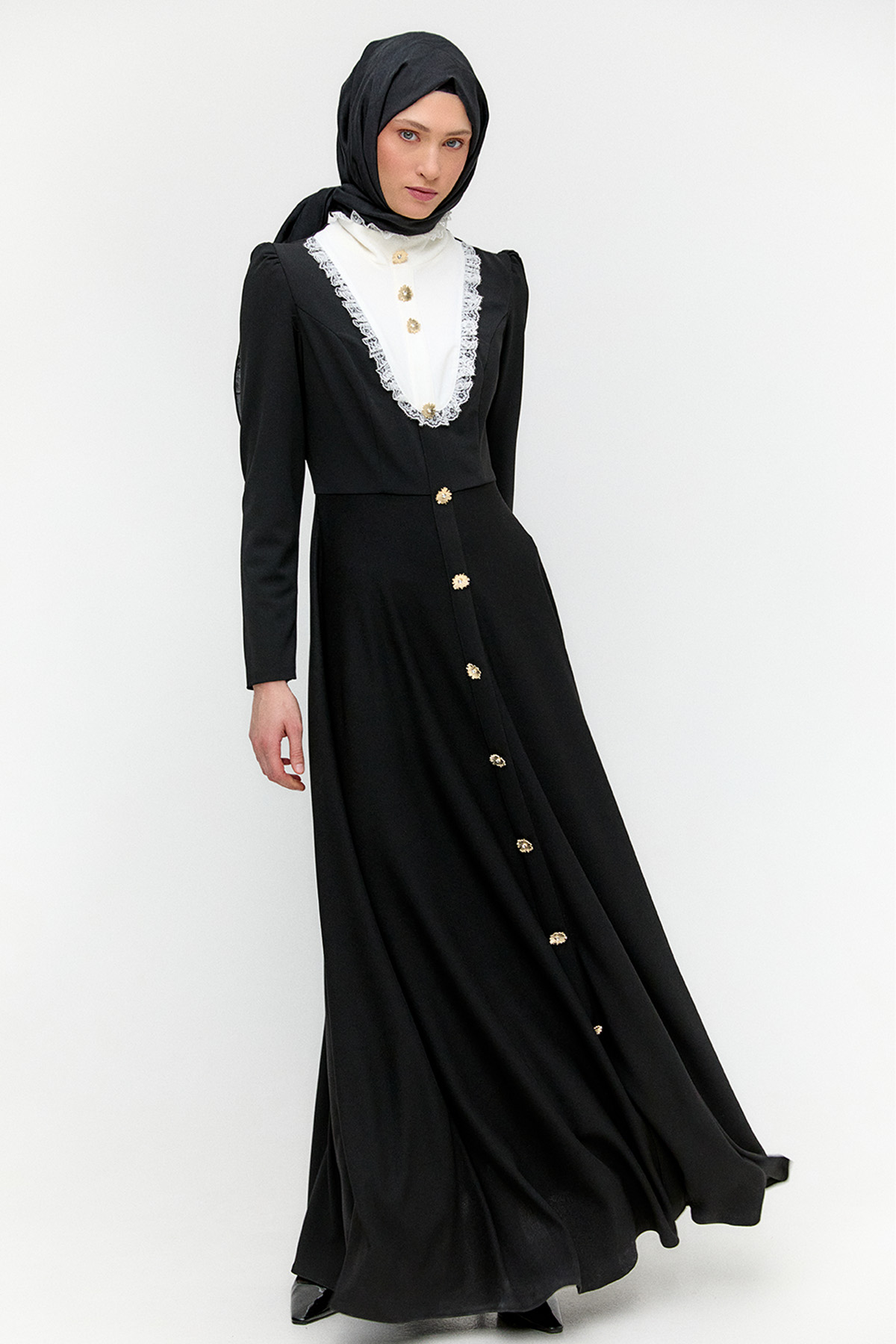 Önlük Yakalı Krep Elbise, Tesettür Giyim