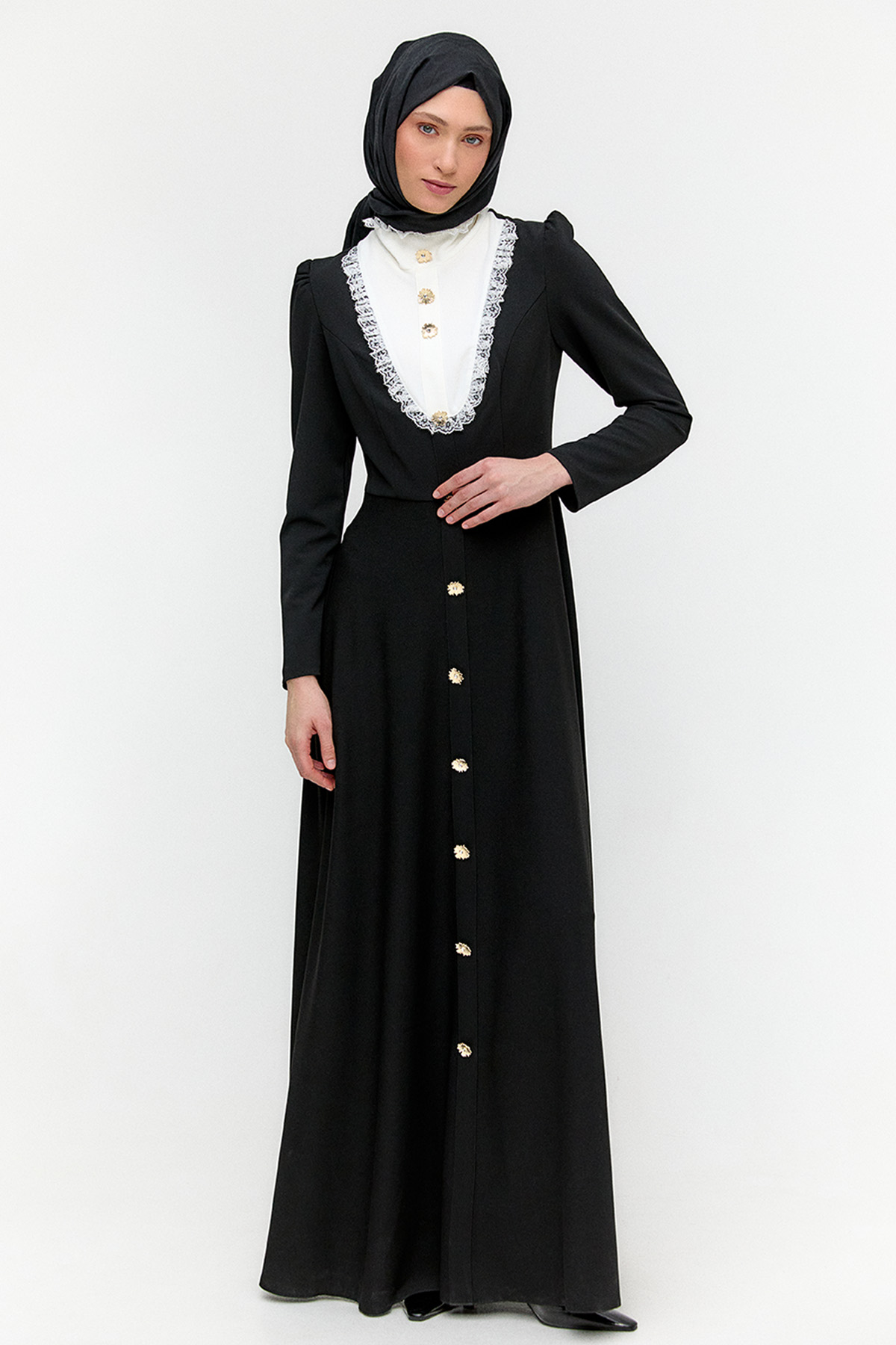Önlük Yakalı Krep Elbise, Tesettür Giyim