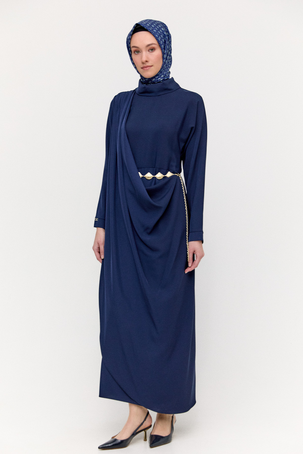 Asimetrik Drapeli Krep Elbise, Tesettür Giyim