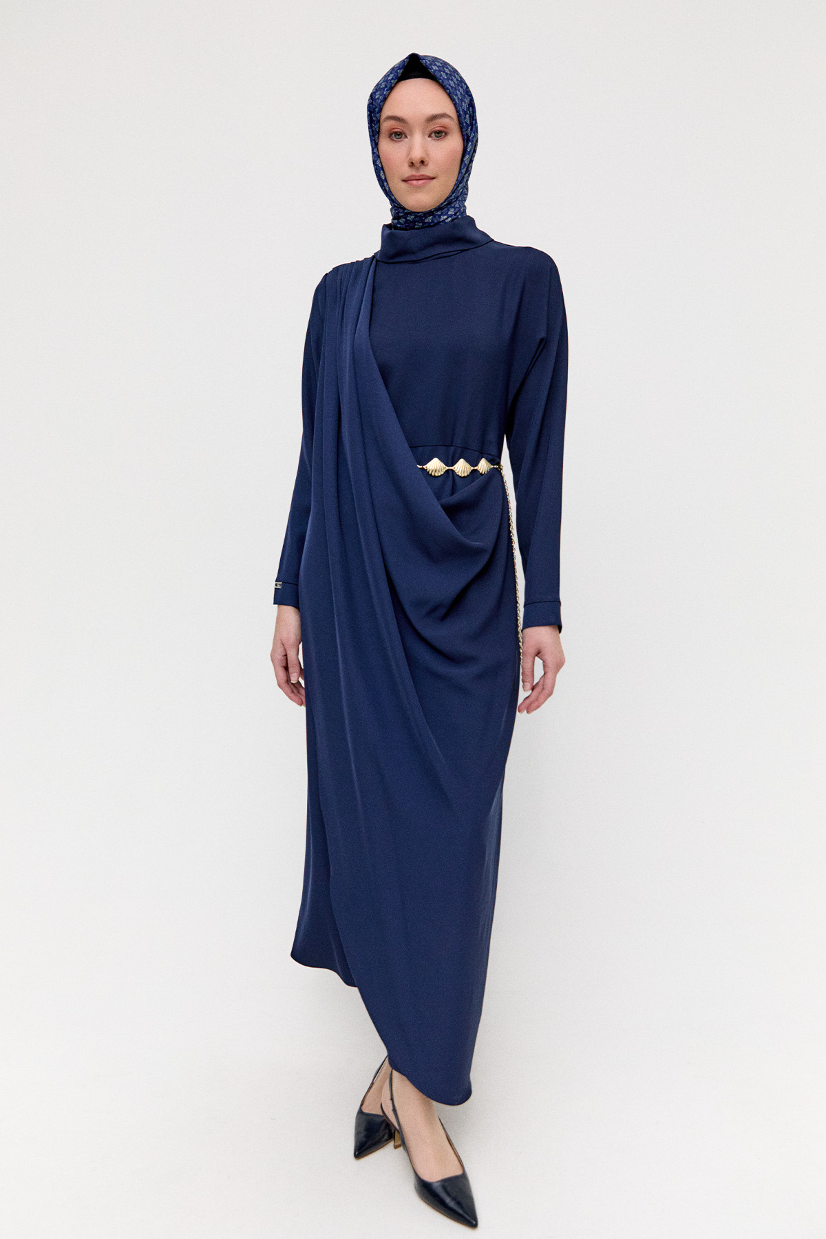 Asimetrik Drapeli Krep Elbise, Tesettür Giyim