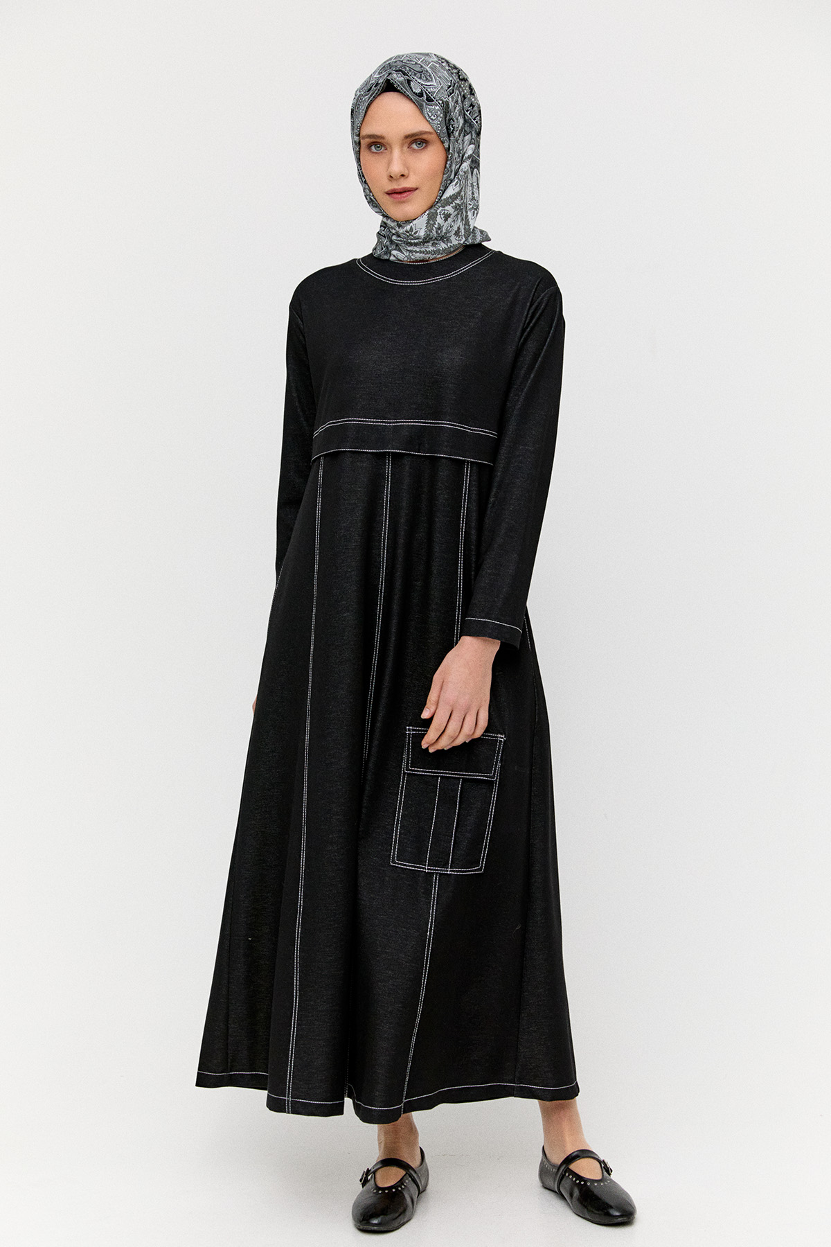 Kargo Cepli Kontrast Dikişli Elbise, Tesettür Giyim