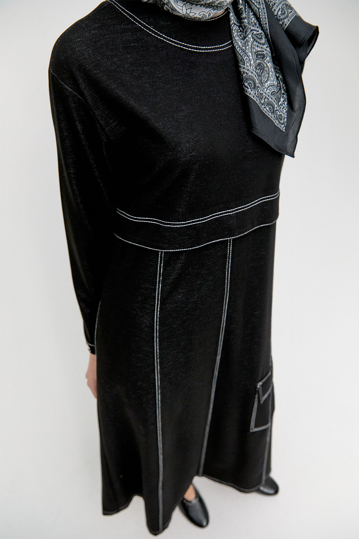 Kargo Cepli Kontrast Dikişli Elbise, Tesettür Giyim