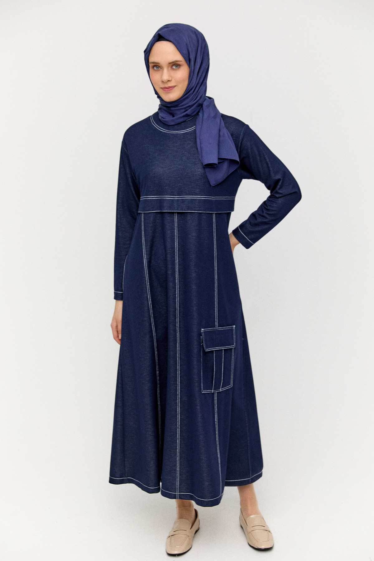 Kargo Cepli Kontrast Dikişli Elbise, Tesettür Giyim