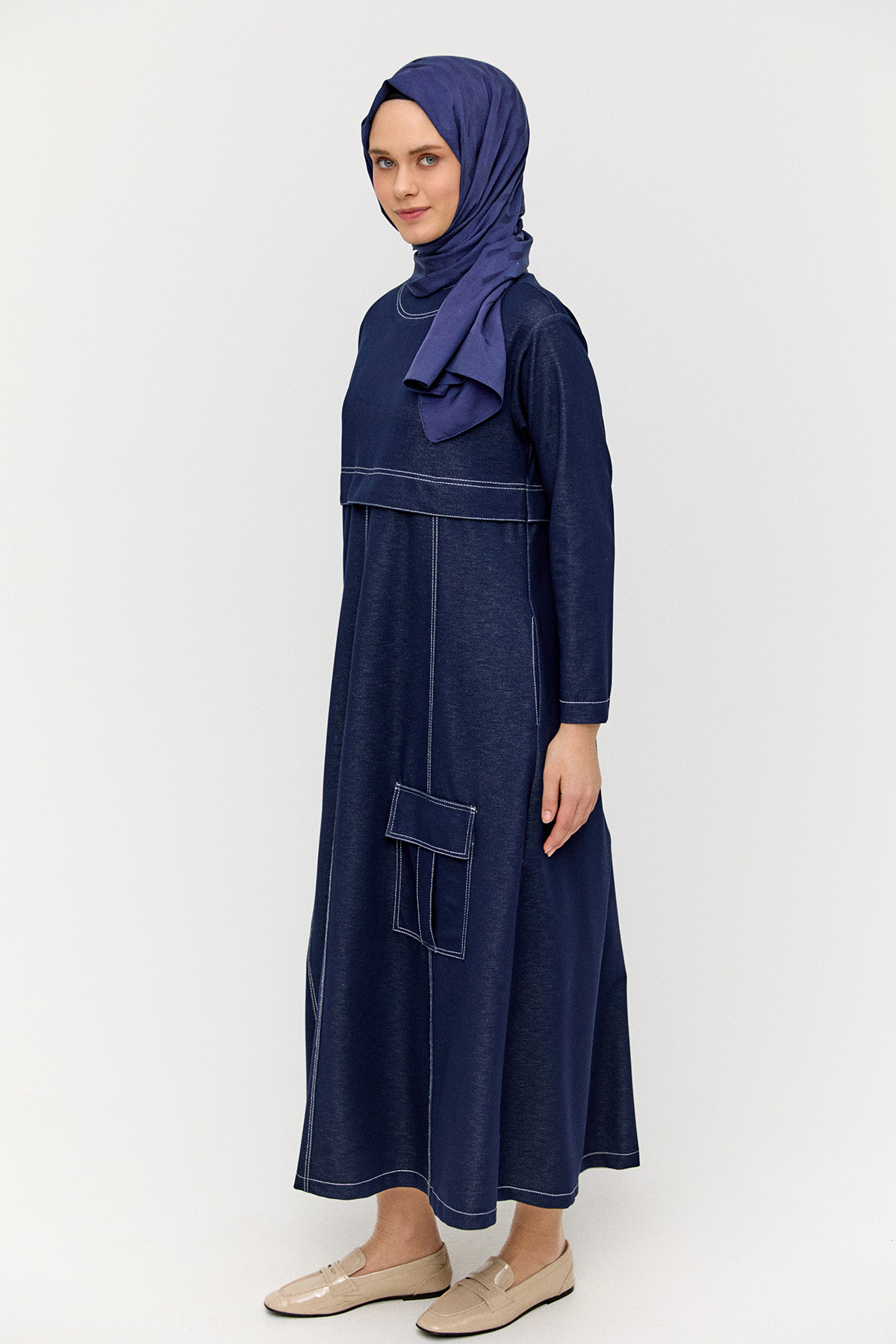Kargo Cepli Kontrast Dikişli Elbise, Tesettür Giyim