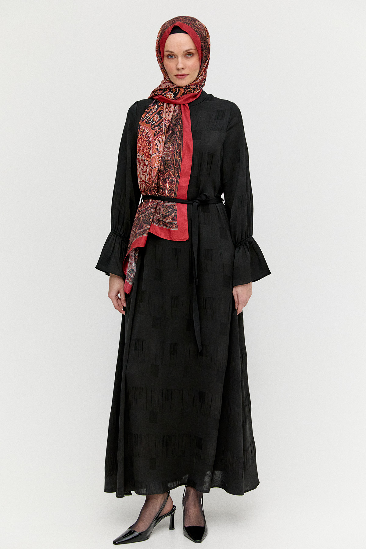 Kare Desenli Kuşaklı Elbise, Tesettür Giyim