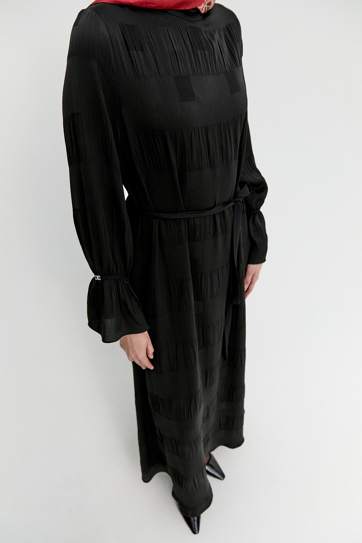 Kare Desenli Kuşaklı Elbise, Tesettür Giyim