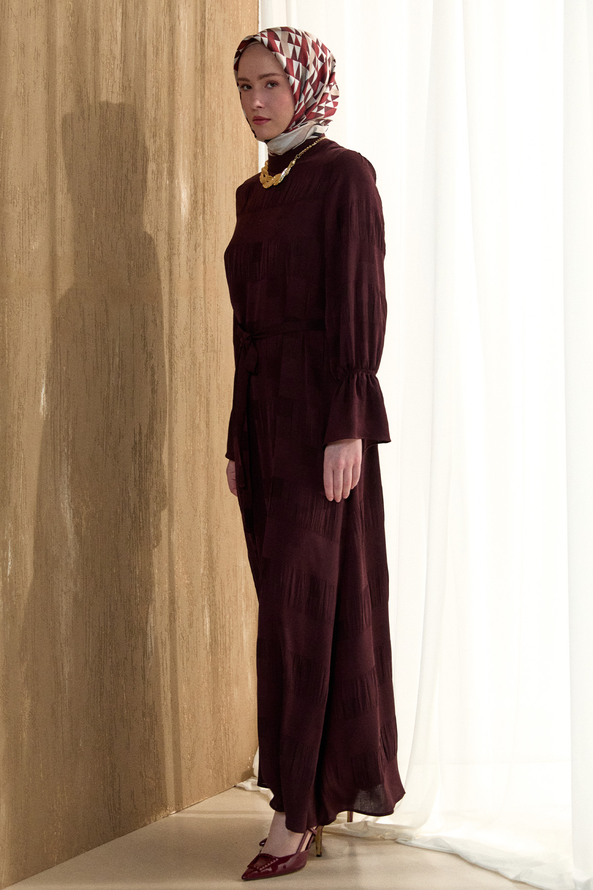 Kare Desenli Kuşaklı Elbise, Tesettür Giyim