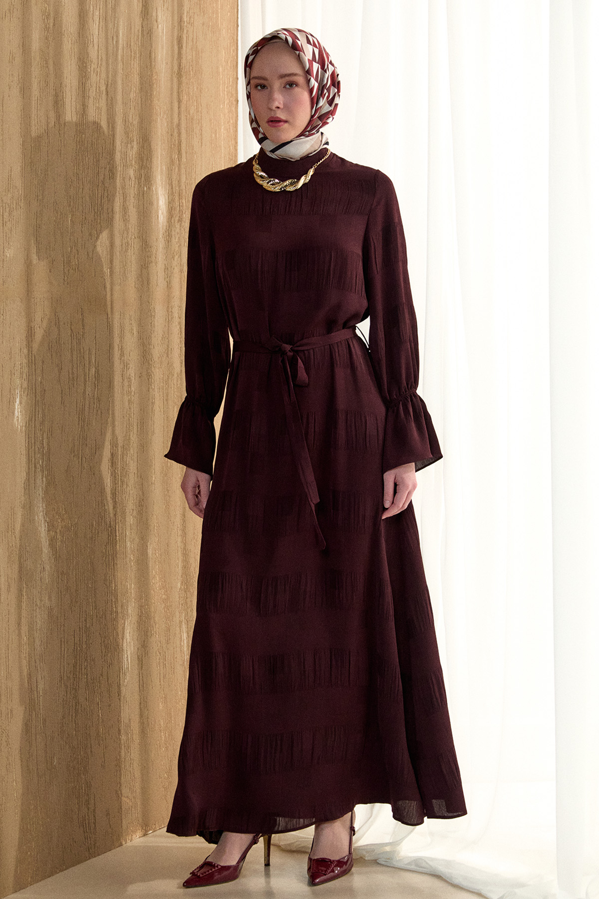 Kare Desenli Kuşaklı Elbise, Tesettür Giyim