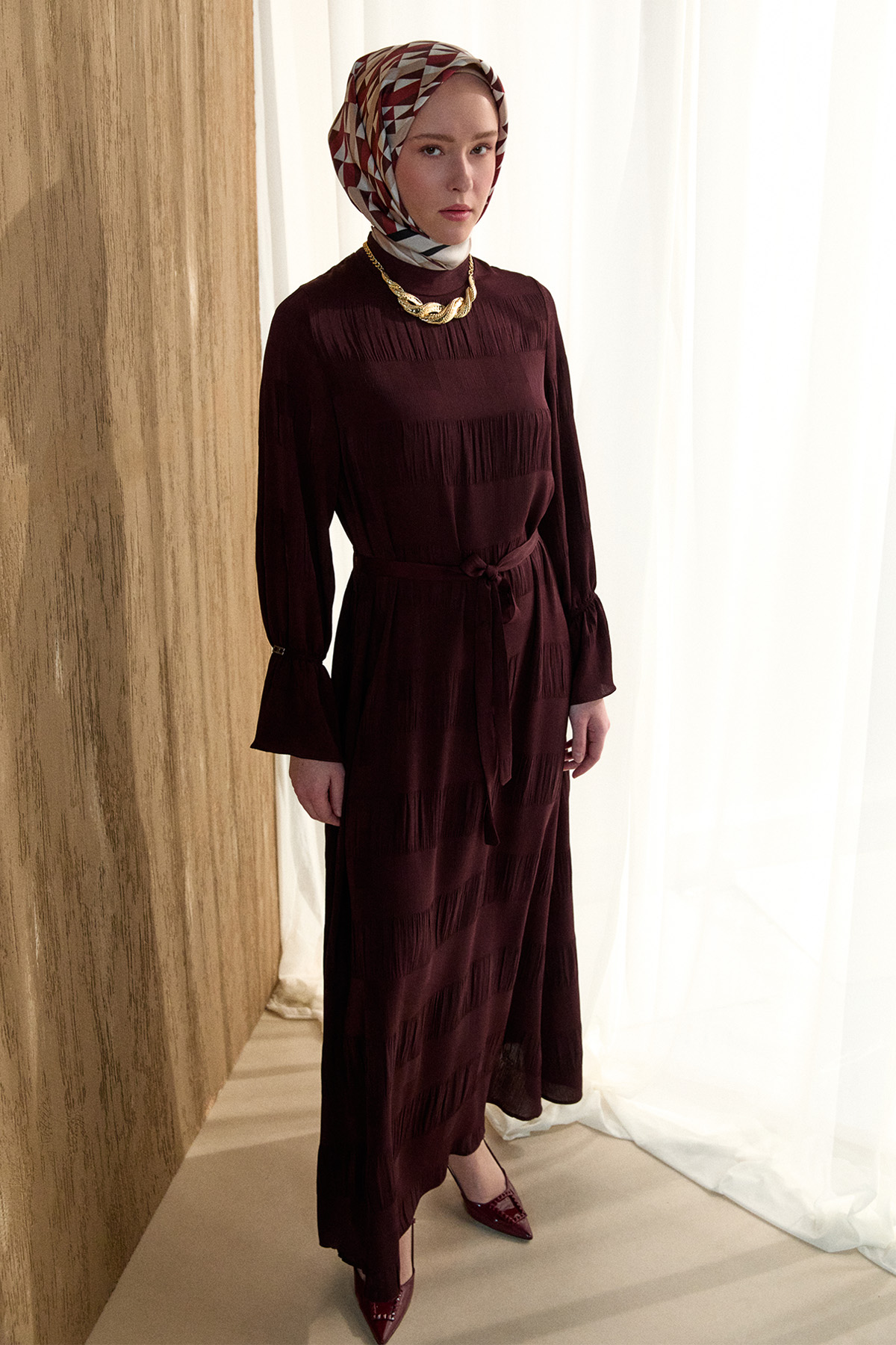 Kare Desenli Kuşaklı Elbise, Tesettür Giyim