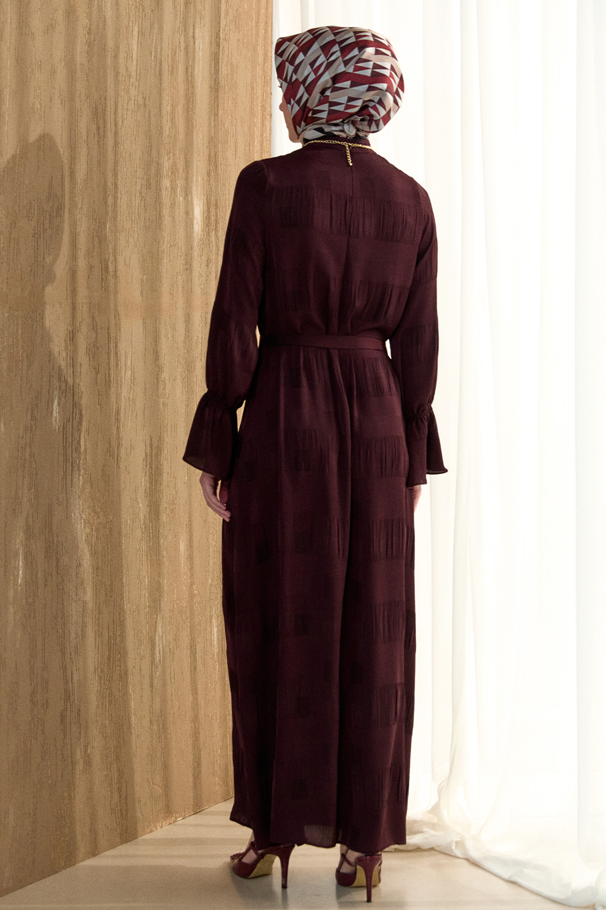 Kare Desenli Kuşaklı Elbise, Tesettür Giyim