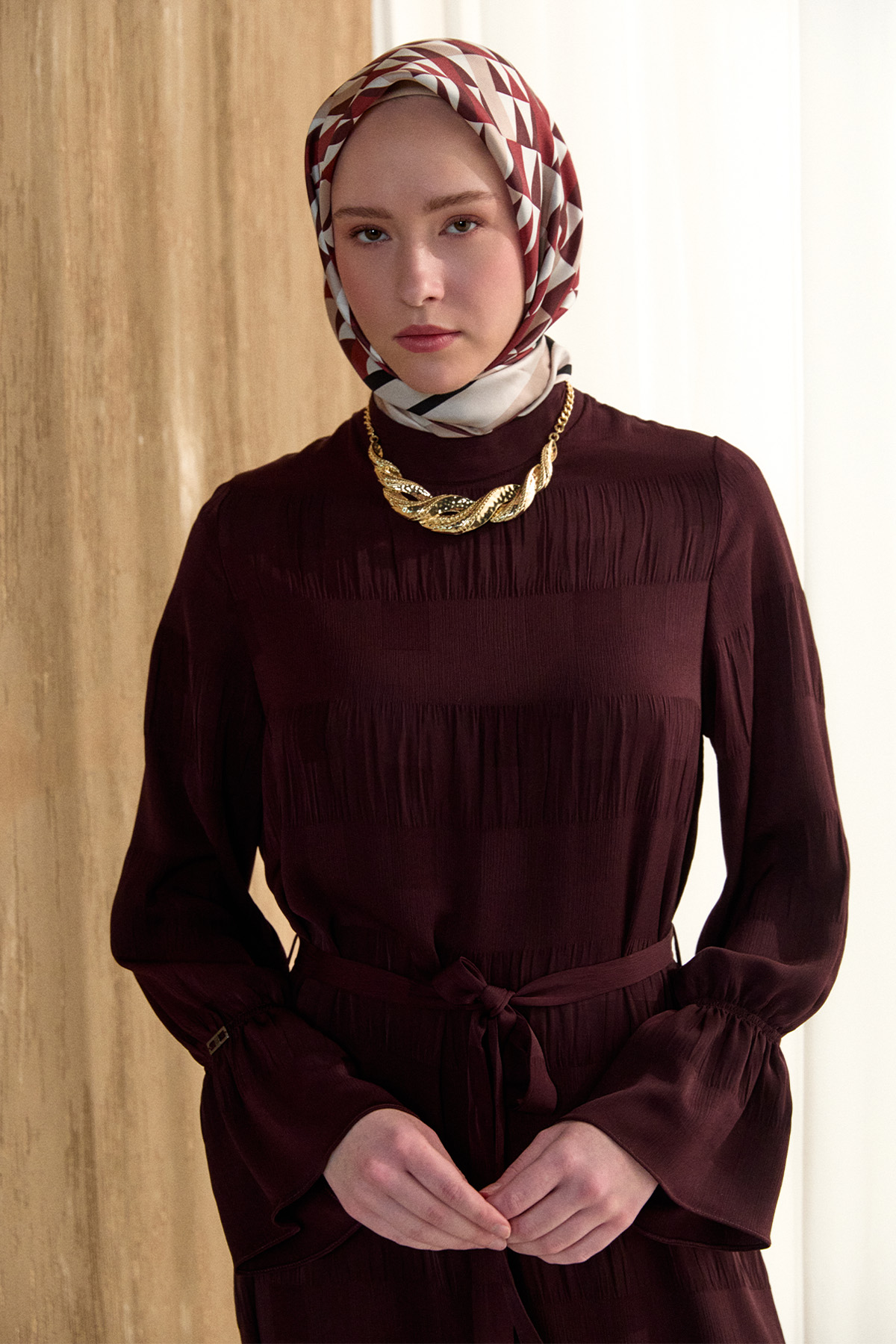 Kare Desenli Kuşaklı Elbise, Tesettür Giyim