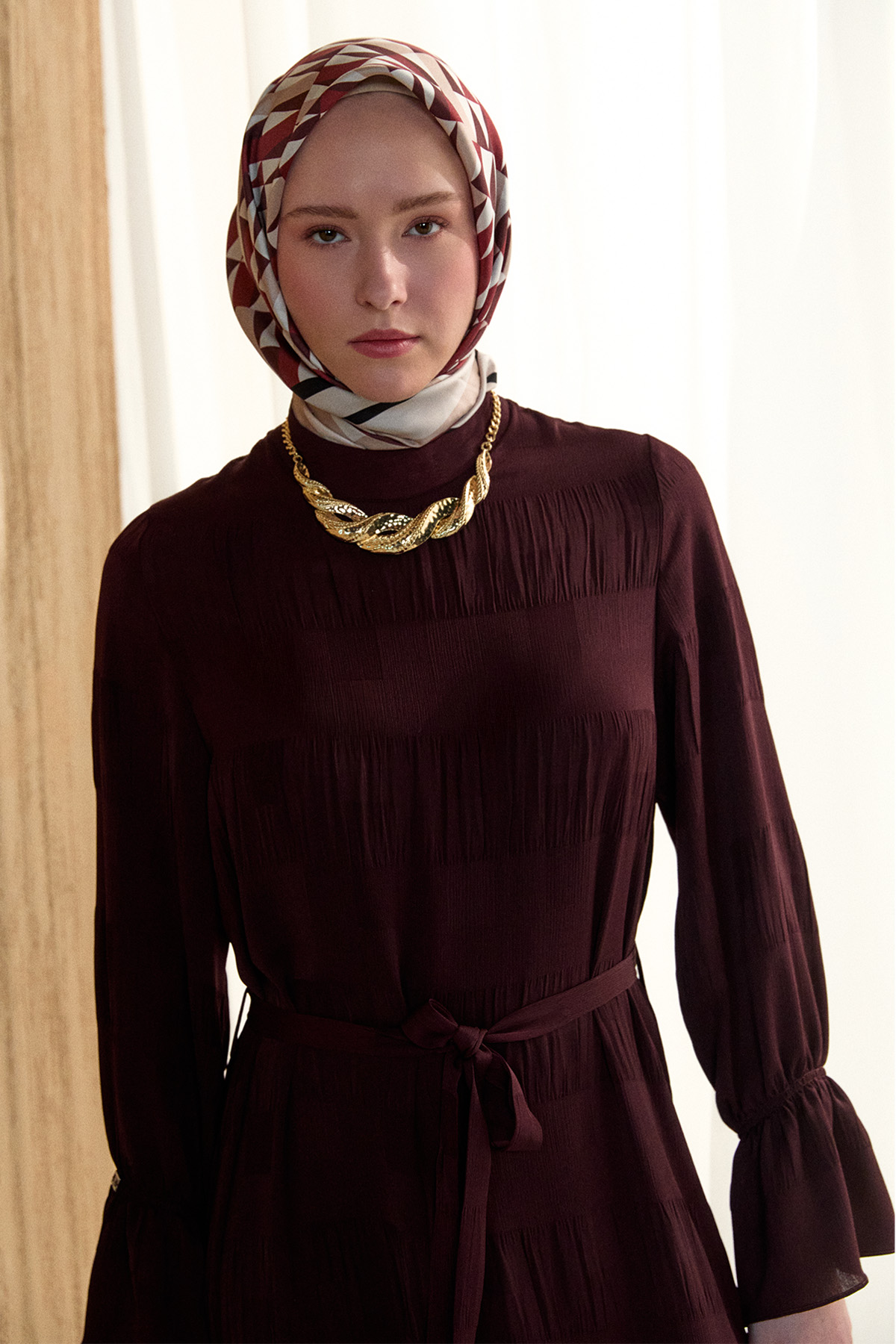 Kare Desenli Kuşaklı Elbise, Tesettür Giyim