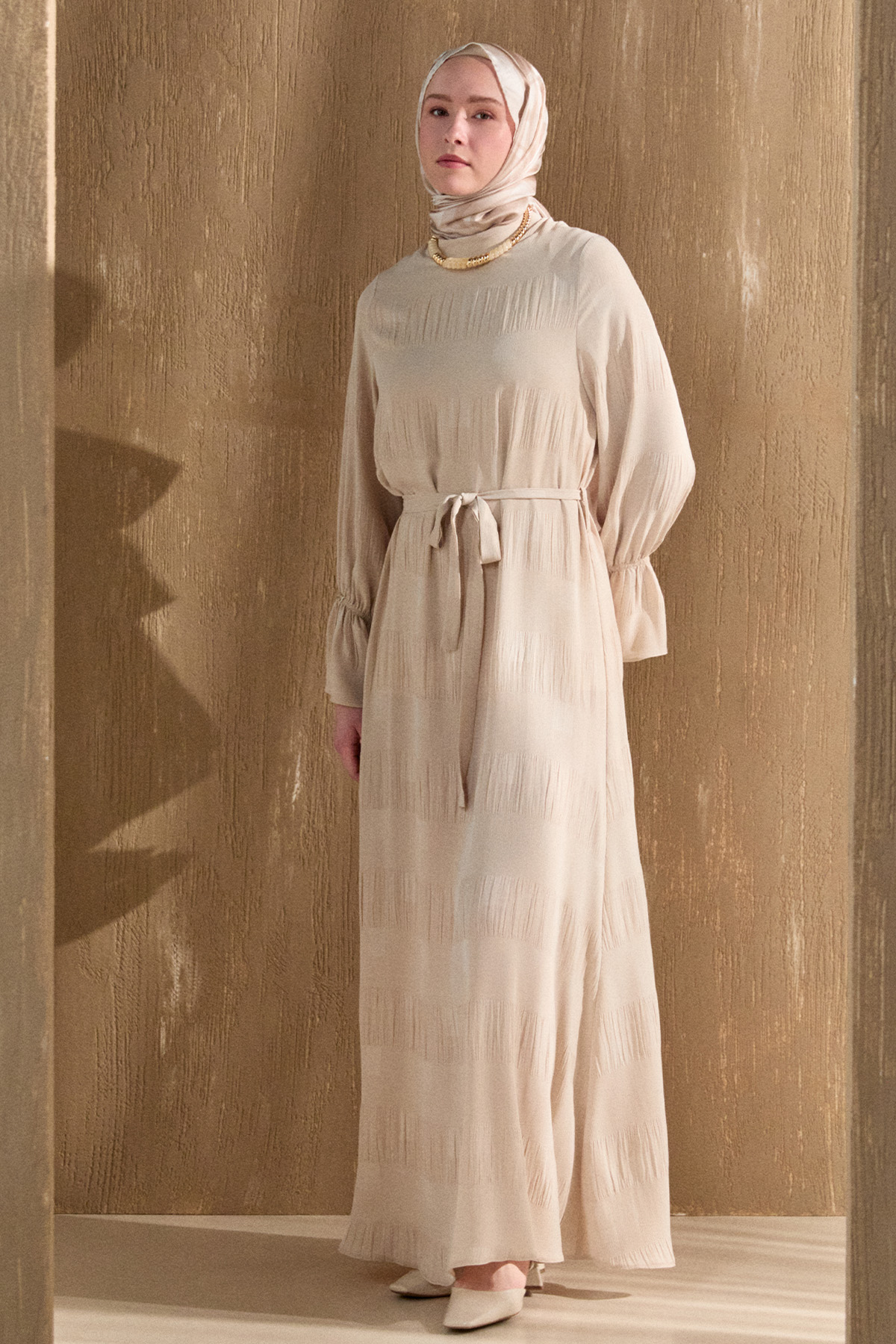 Kare Desenli Kuşaklı Elbise, Tesettür Giyim