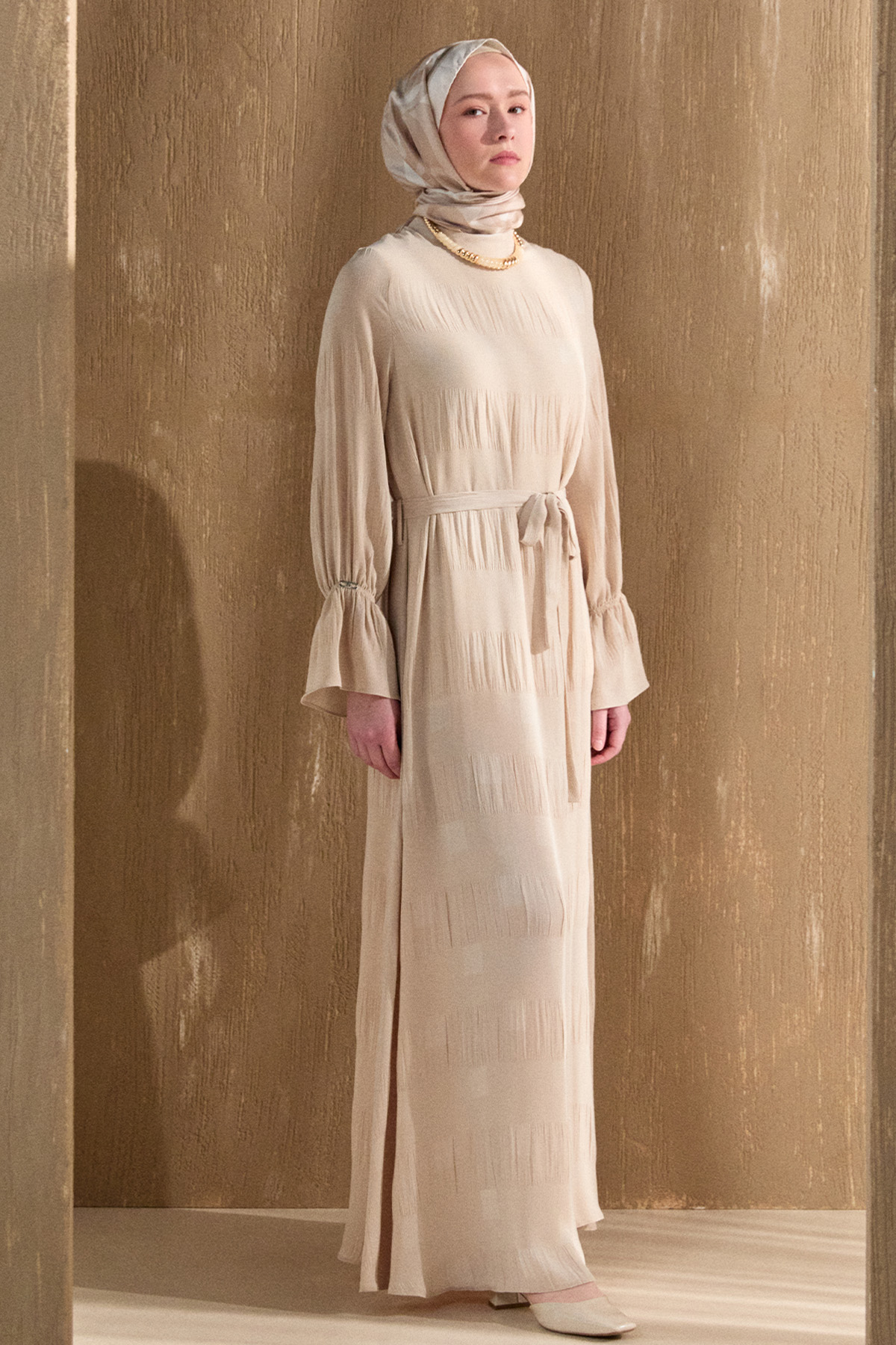 Kare Desenli Kuşaklı Elbise, Tesettür Giyim