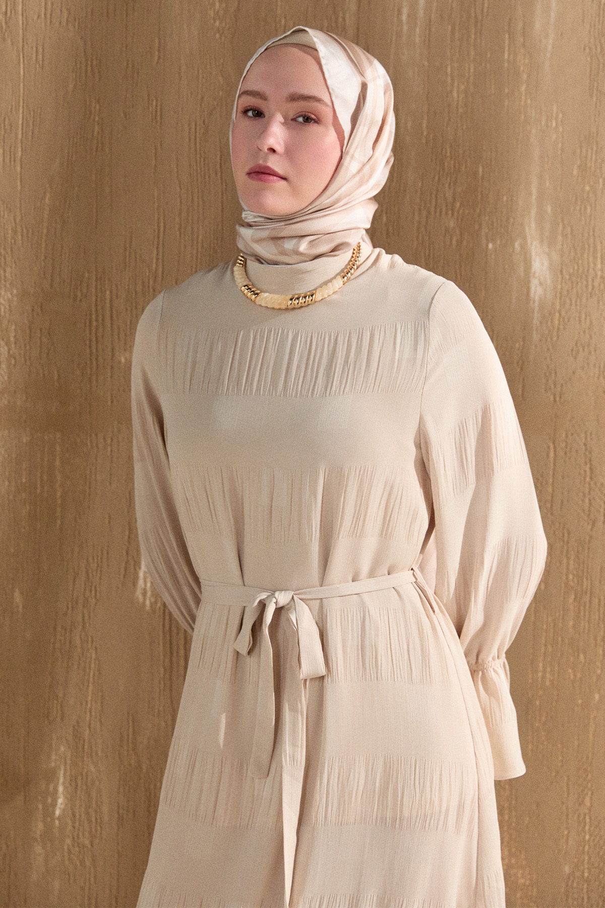 Kare Desenli Kuşaklı Elbise, Tesettür Giyim