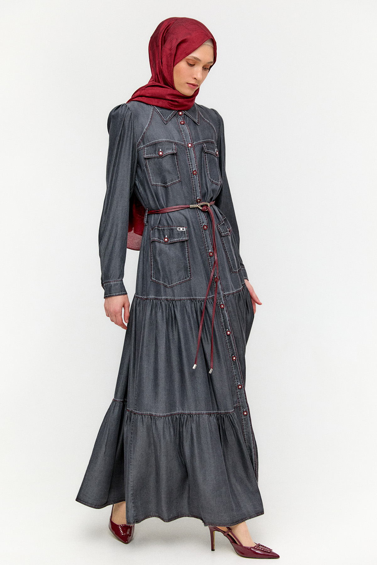 Punto Dikişli Denim Elbise, Tesettür Giyim